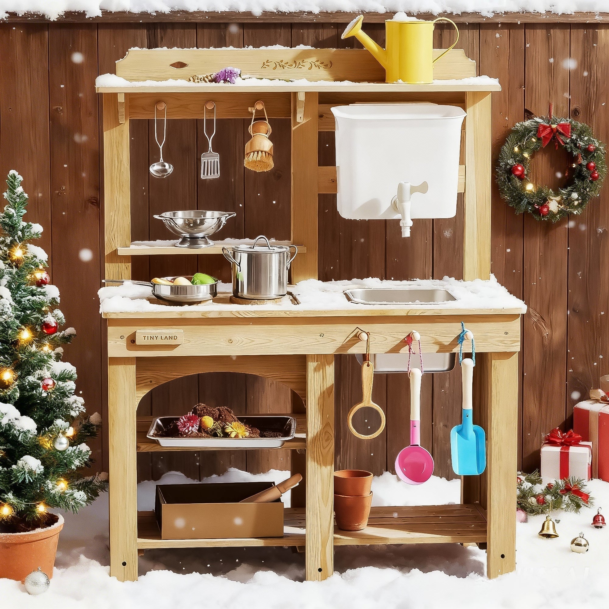 A wooden outdoor play kitchen for children, beautifully decorated for Christmas in a snowy setting.