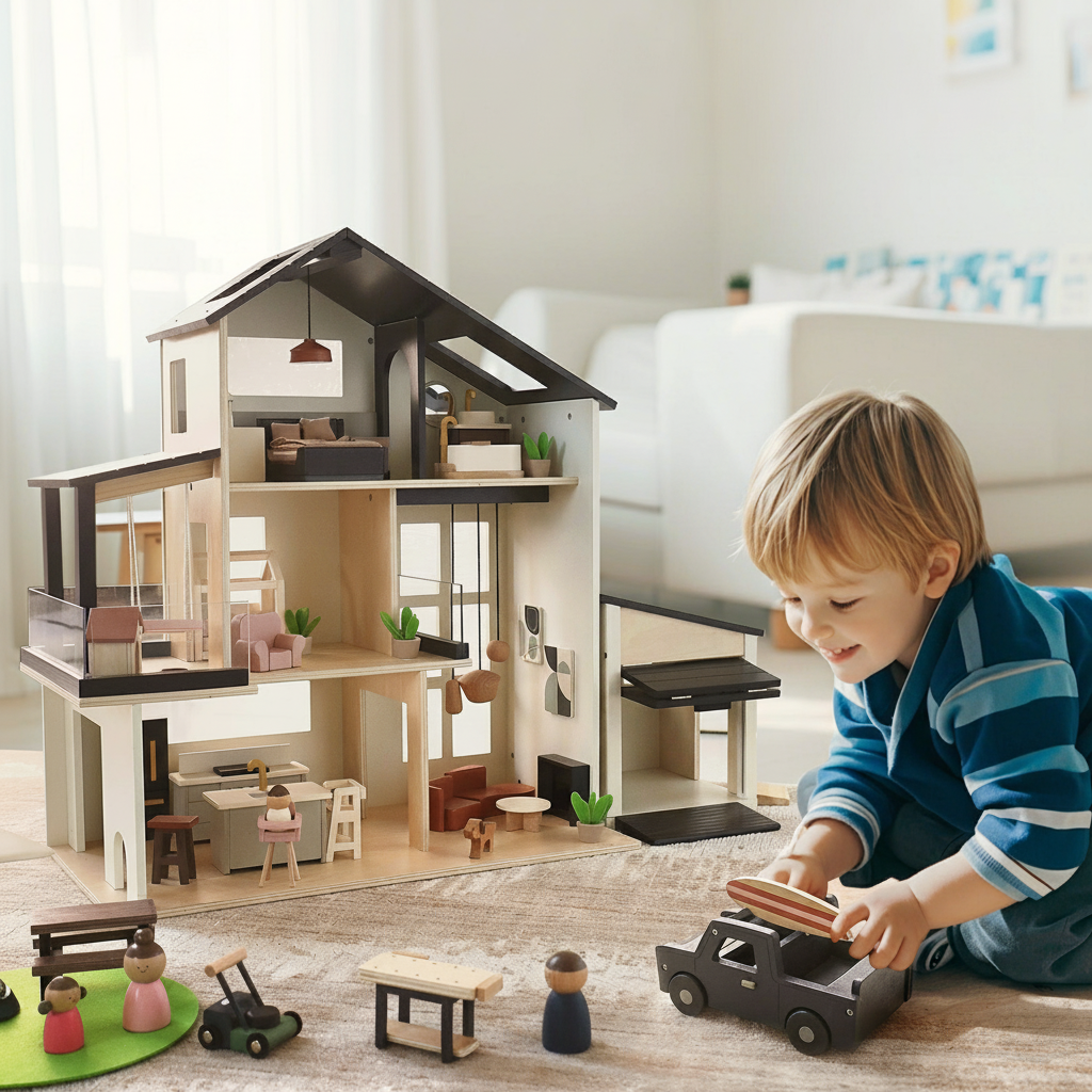 A little boy wearing a plaid shirt sits on the living room floor, playing with a black dollhouse set.
