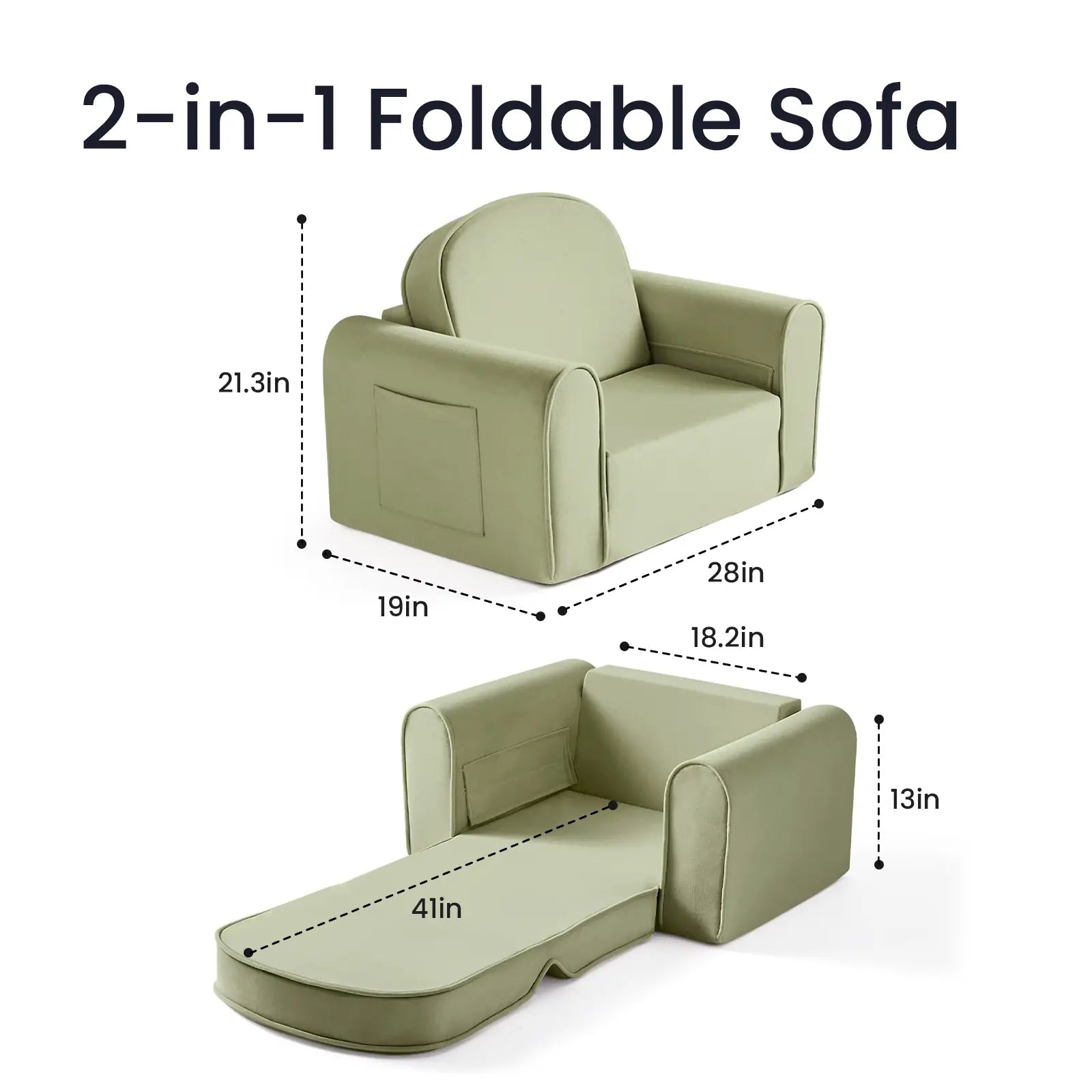 The Tiny Land® GentleSnug Kid Chair - Sage is a light green 2-in-1 foldable kids sofa and lounger (chair: 21.3"H x 28"W x 19"D; lounger: 13"H x 18.2"W x 41"L), perfect for playrooms or reading nooks by Tiny Land.