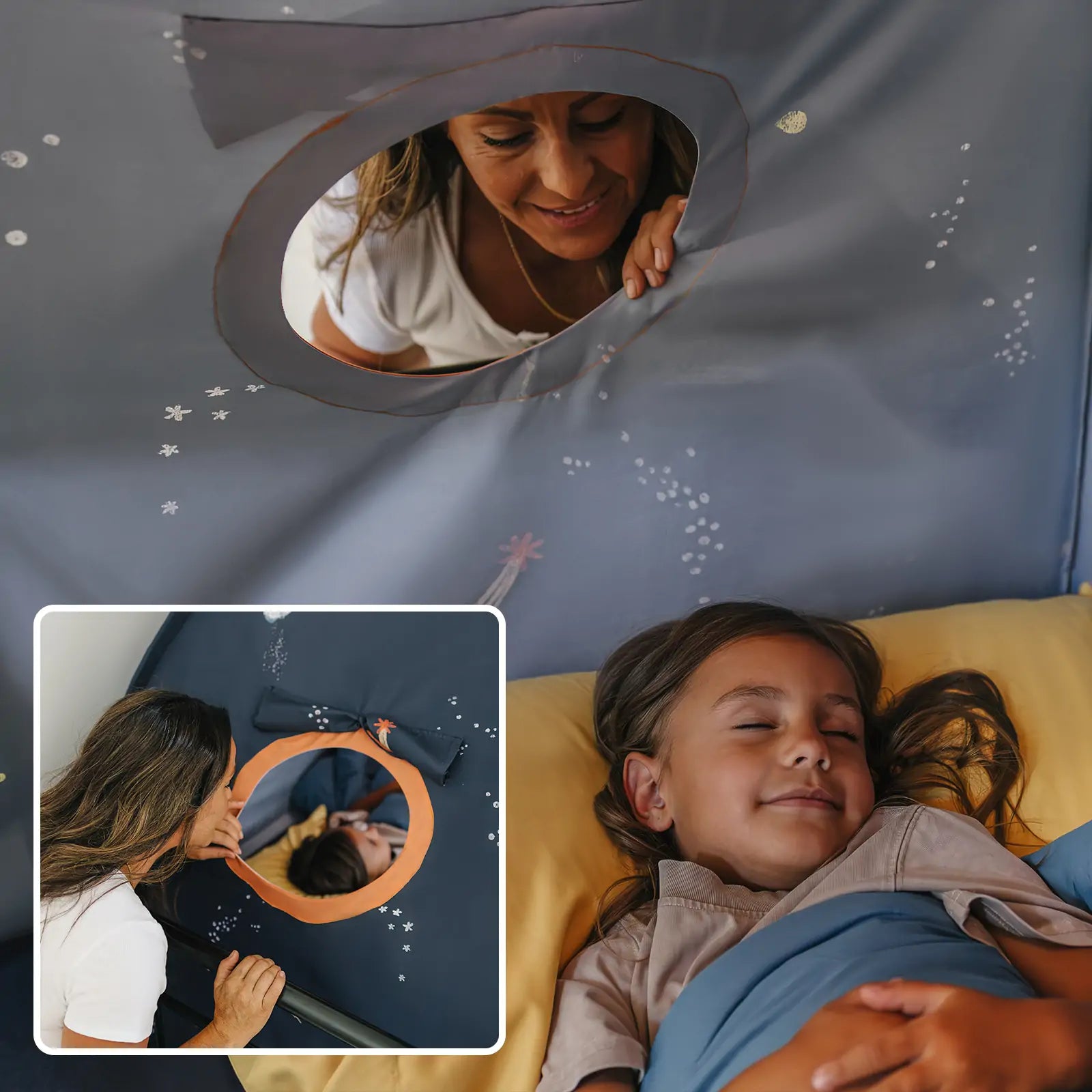 A woman smiles through a circular opening in the Tiny Land® SpaceNest Bed Tent by Tiny Land INC, looking at a girl content and resting inside. An inset displays a cozy close-up scene from another angle.