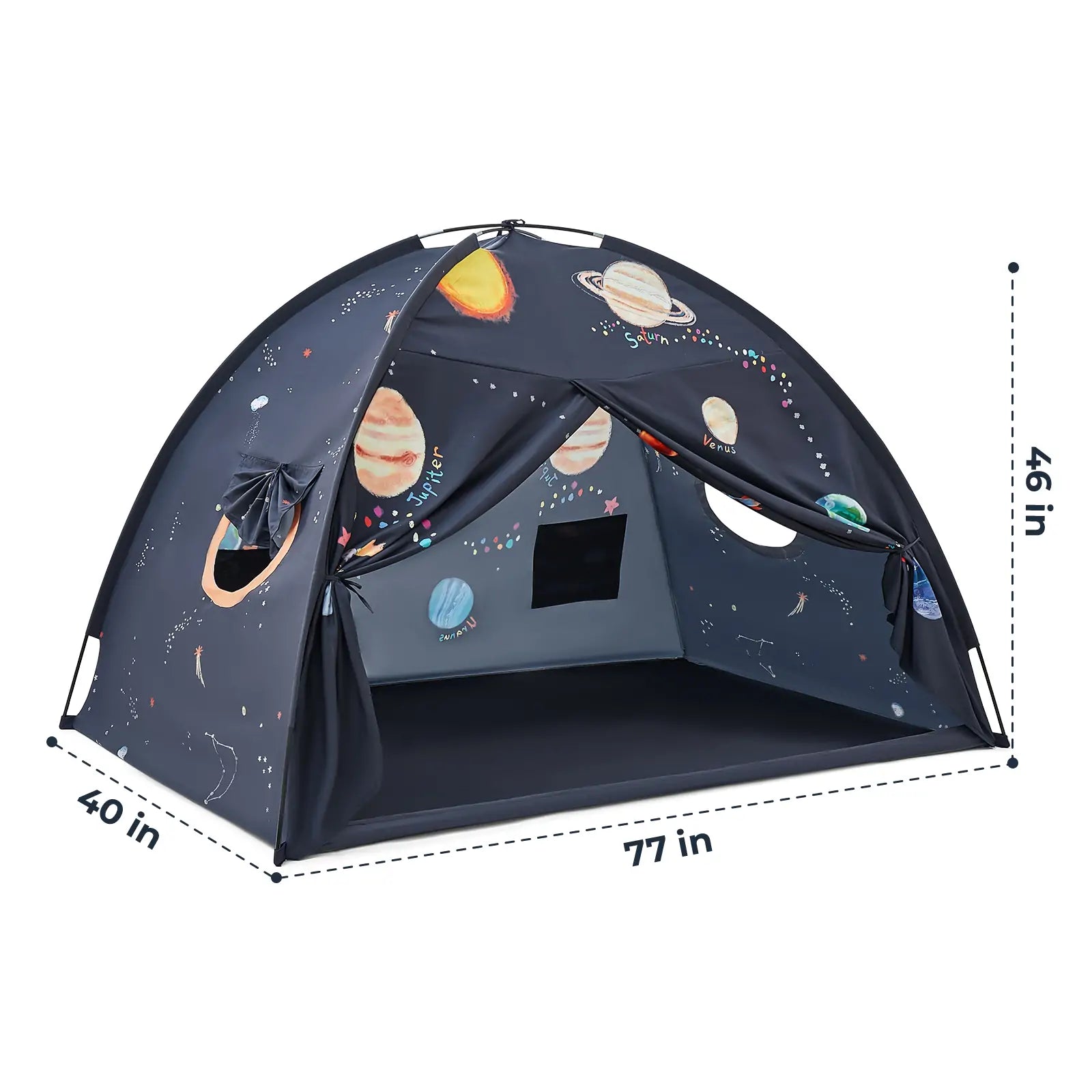 The Tiny Land® SpaceNest Bed Tent by Tiny Land INC is a dark blue canopy with colorful planets and stars, measuring 77" W x 40" D x 46" H, and features an open entrance—perfect for kids' indoor adventure and play fort fun.
