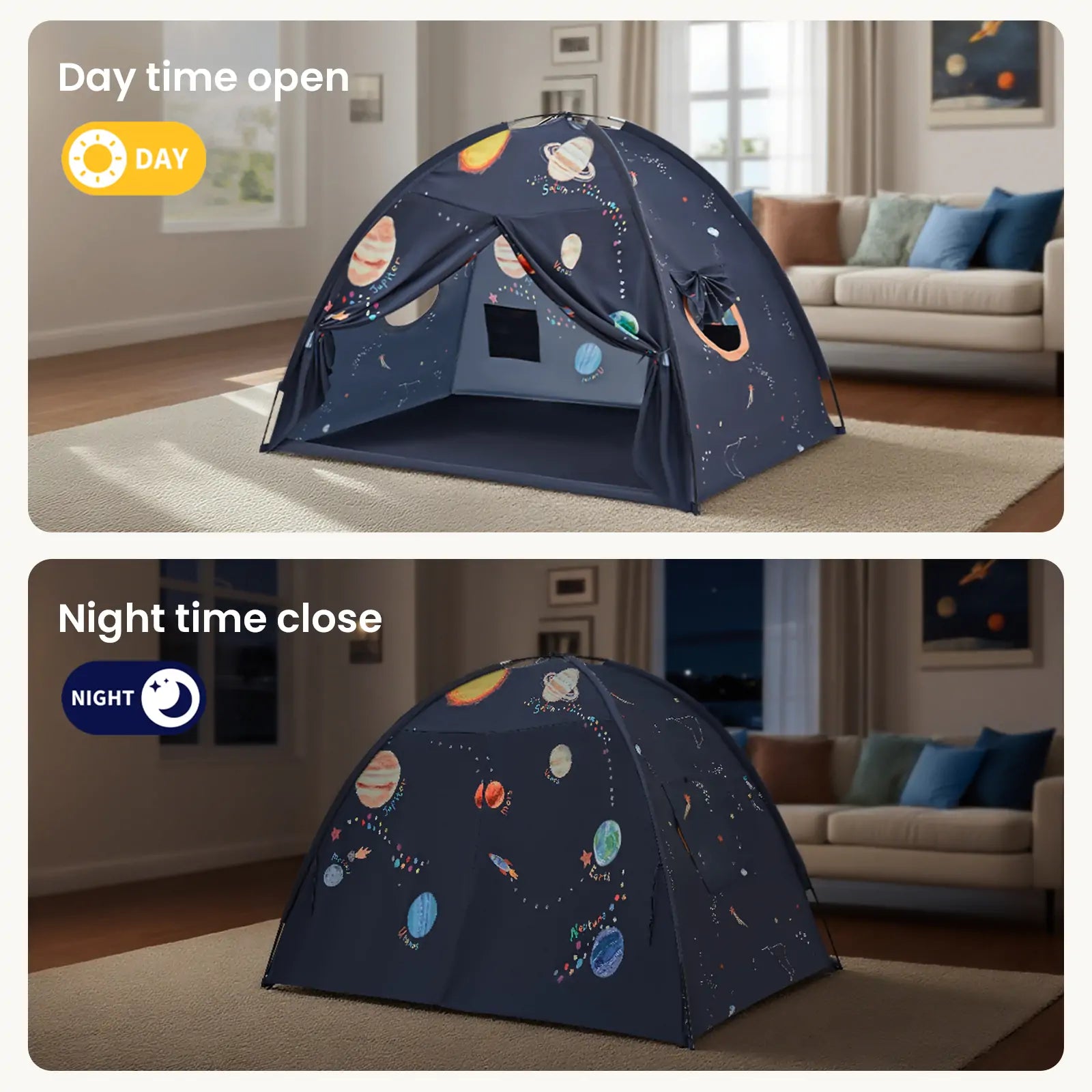 Two images of the Tiny Land® SpaceNest Bed Tent by Tiny Land INC: the top shows the open tent in daylight, and the bottom shows it closed at night—both display playful planets and stars on the fabric.