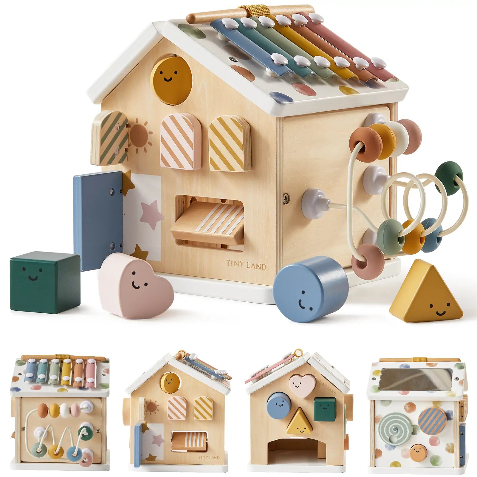 The Tiny Land® Cottage Activity Cube - Morandi by Tiny Land is a house-shaped wooden Montessori toy with a xylophone, bead maze, shape sorter, spinning gears, and colorful blocks. Four images display this fun developmental cube from various angles.