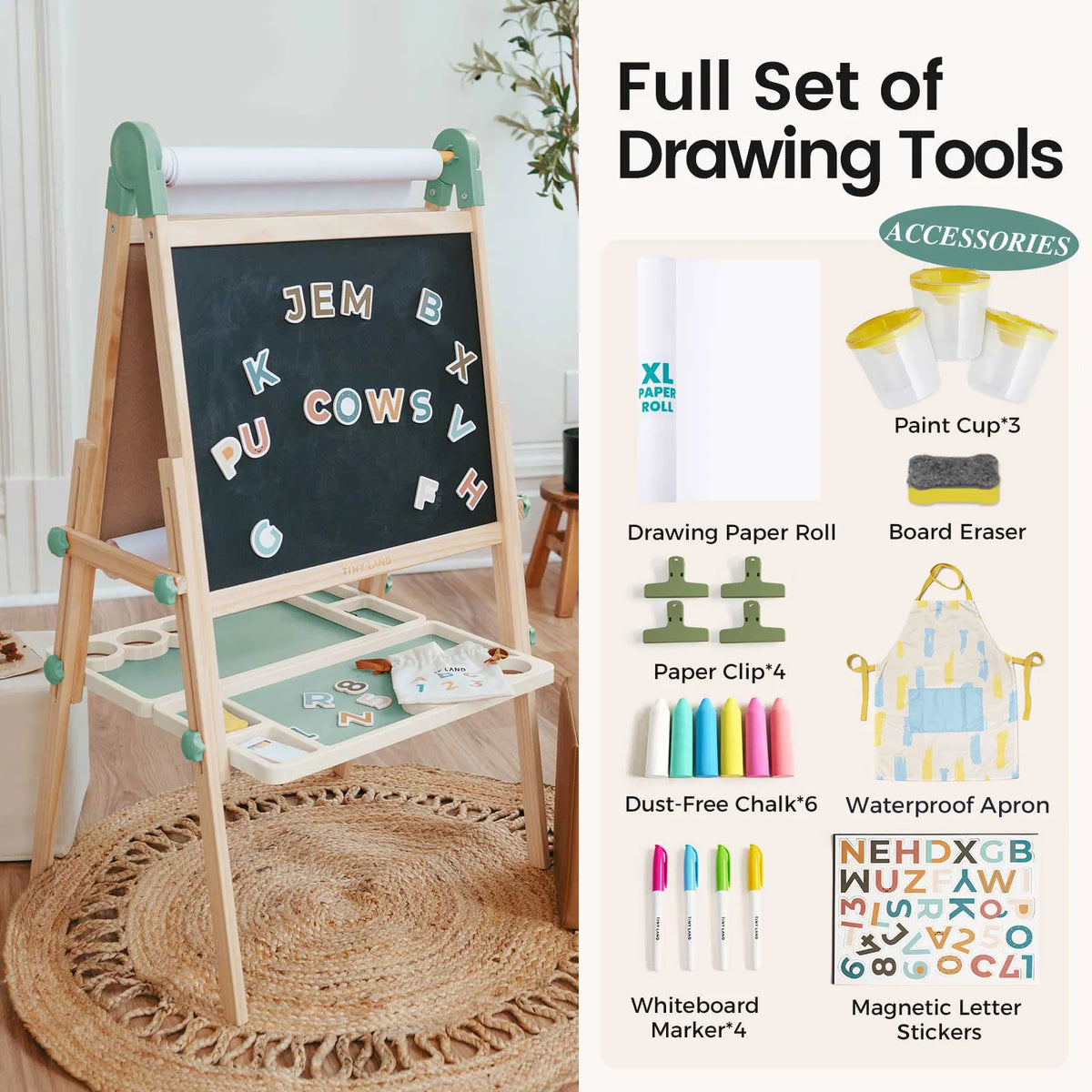 The Tiny Land® Magnitales Easel for Kids by Tiny Land is a wooden, height-adjustable art easel featuring both a chalkboard and a drawing paper roll. It comes surrounded by a variety of organized art supplies—including markers, chalk, magnetic letters, paint cups, apron, eraser, and clips—each with clear labeled descriptions. This versatile easel also functions as a magnetic easel for endless creative possibilities.|Green
