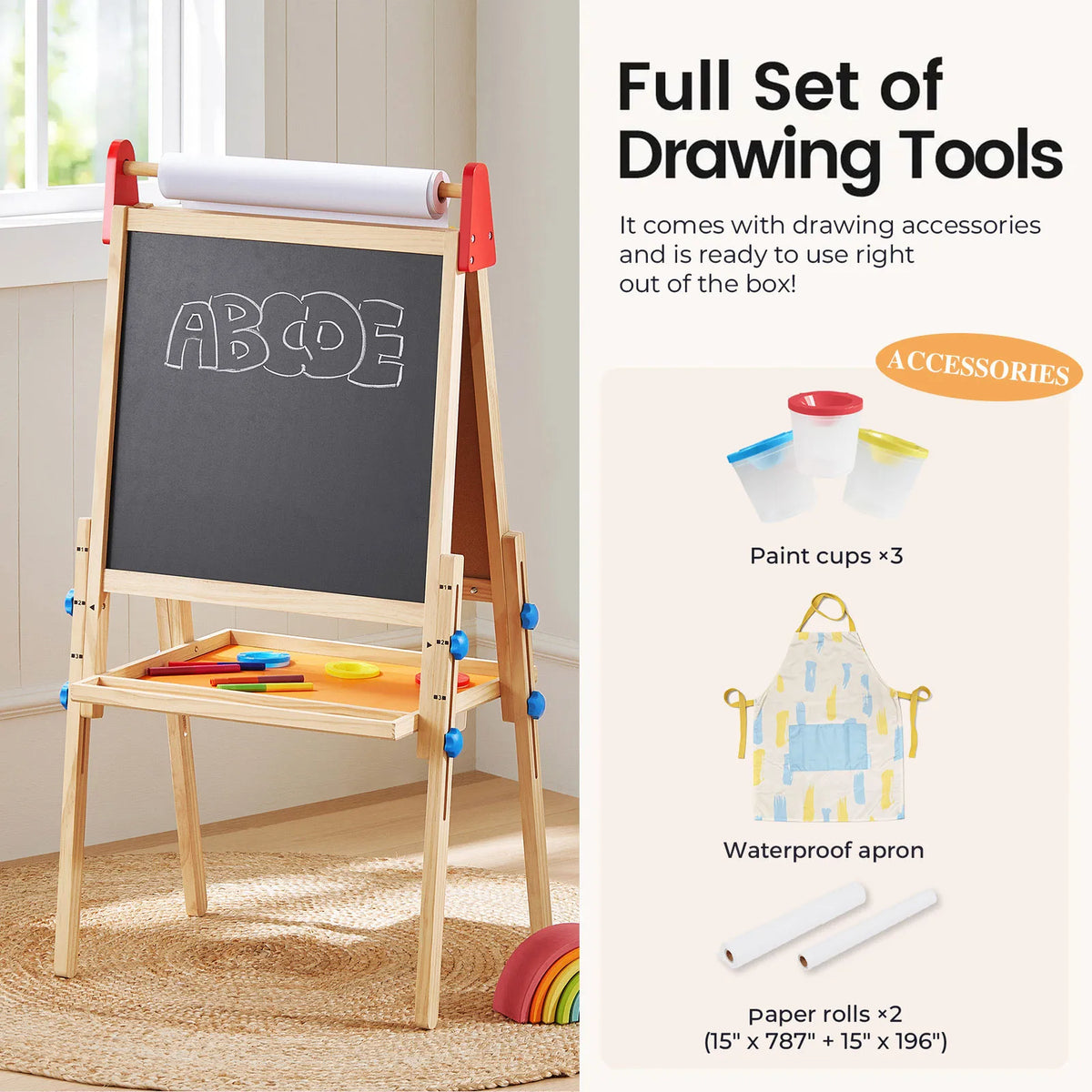The Tiny Land® 3-in-1 Art Easel for Kids by Tiny Land features an adjustable height easel with a chalkboard displaying ABCDE, a magnetic whiteboard, a paper roll, paint cups, a waterproof apron, and extra paper rolls. This kids’ art easel comes as a full set of drawing tools with all essential drawing accessories included.