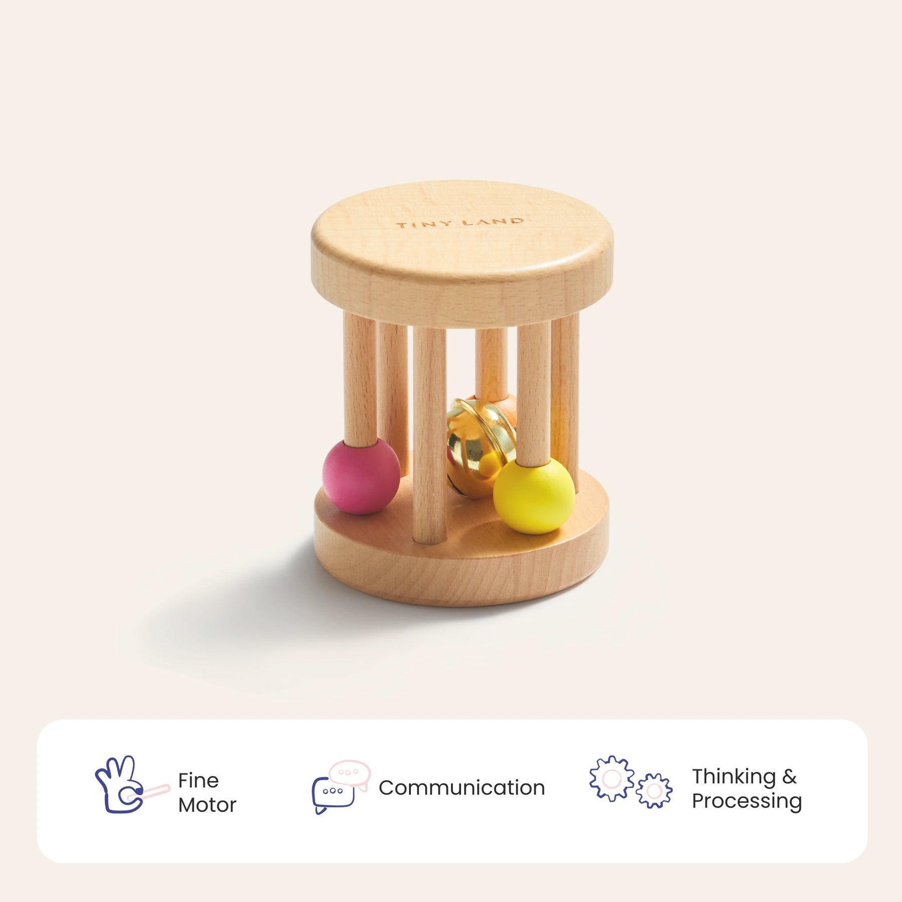 The Tiny Land® Montessori Toys for Newborns (0–3 Months) from Tiny Land Official Store features a wooden cylindrical rattle with pink and yellow balls and a bell—ideal for Montessori sensory play, supporting fine motor, communication, and thinking skills.