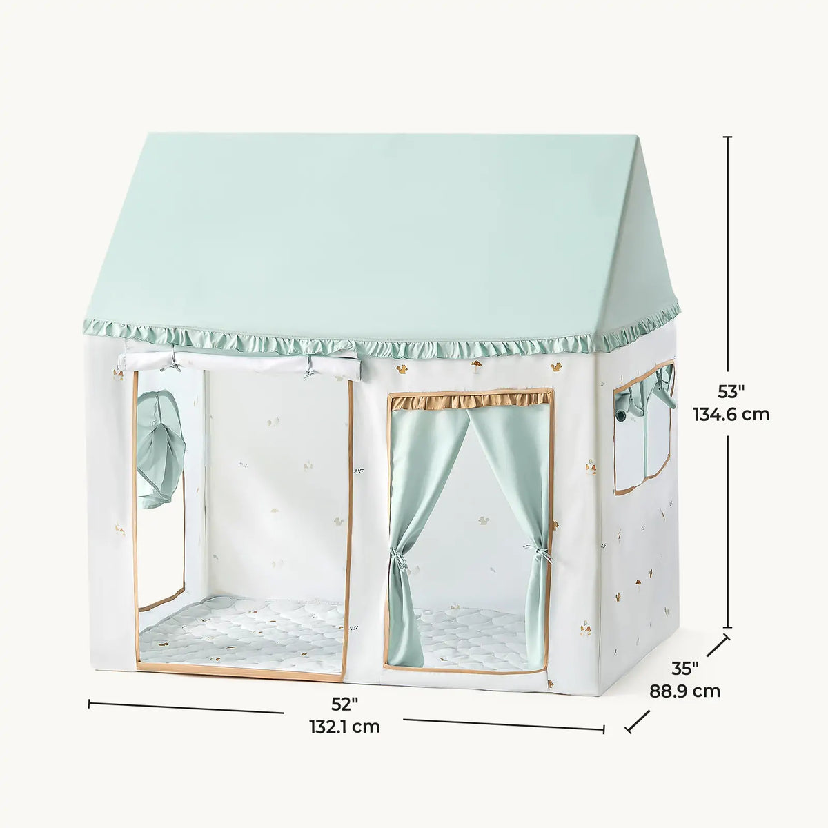 The Tiny Land Nature-inspired Play & Art Set features a sage easel and a mint green-and-white Forest Play House tent with windows, curtains, gold trim, and measures 53"H x 52"W x 35"D for creative and charming play.|green