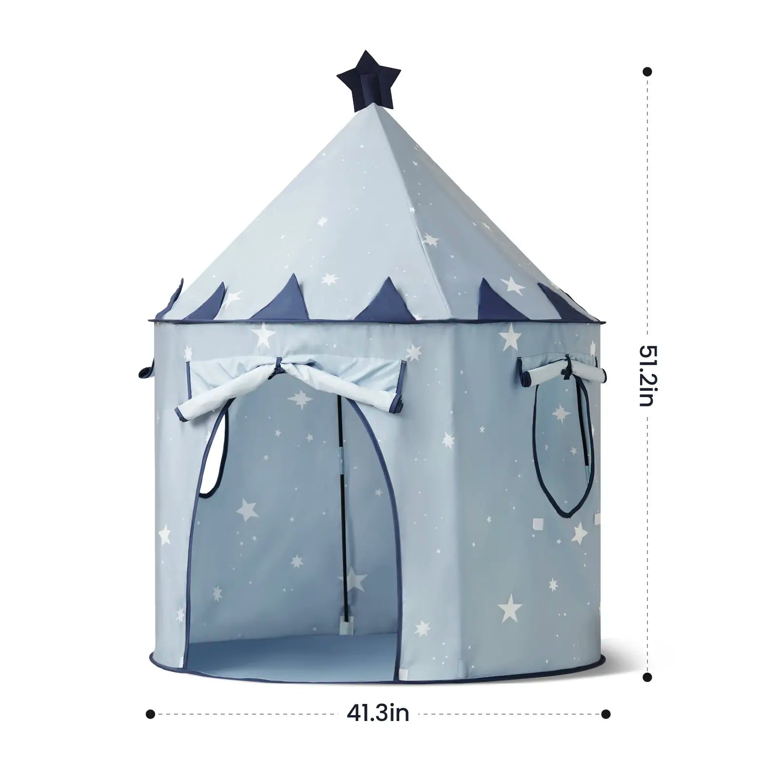 The Tiny Land® Kids Tent – Starry Blue by Tiny Land features white and navy stars, a pointed roof with a navy star, arched doors, and round windows. Sized 41.3"W x 51.2"H, it’s perfect for imaginative fun indoors or outdoors!.