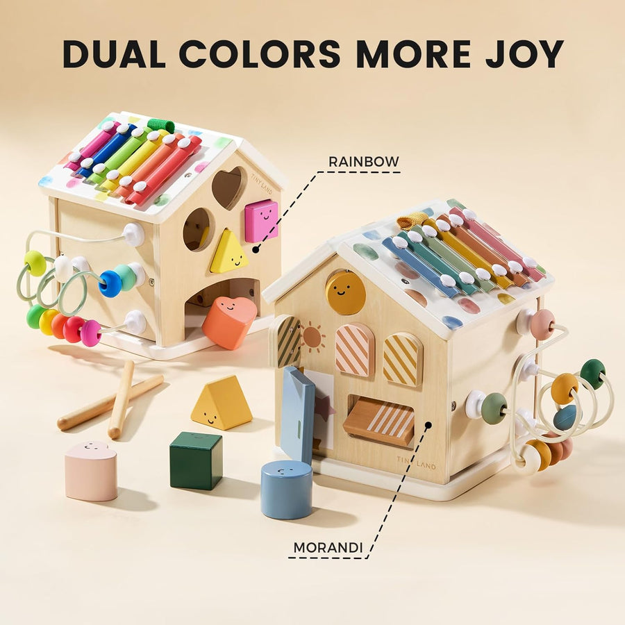 Two Cozy Learning Playsets by Tiny Land are shown—one Rainbow, one Morandi. Each set includes a playmat and Montessori activity cube with shape sorter, bead maze, and xylophone. Text reads: DUAL COLORS MORE JOY.