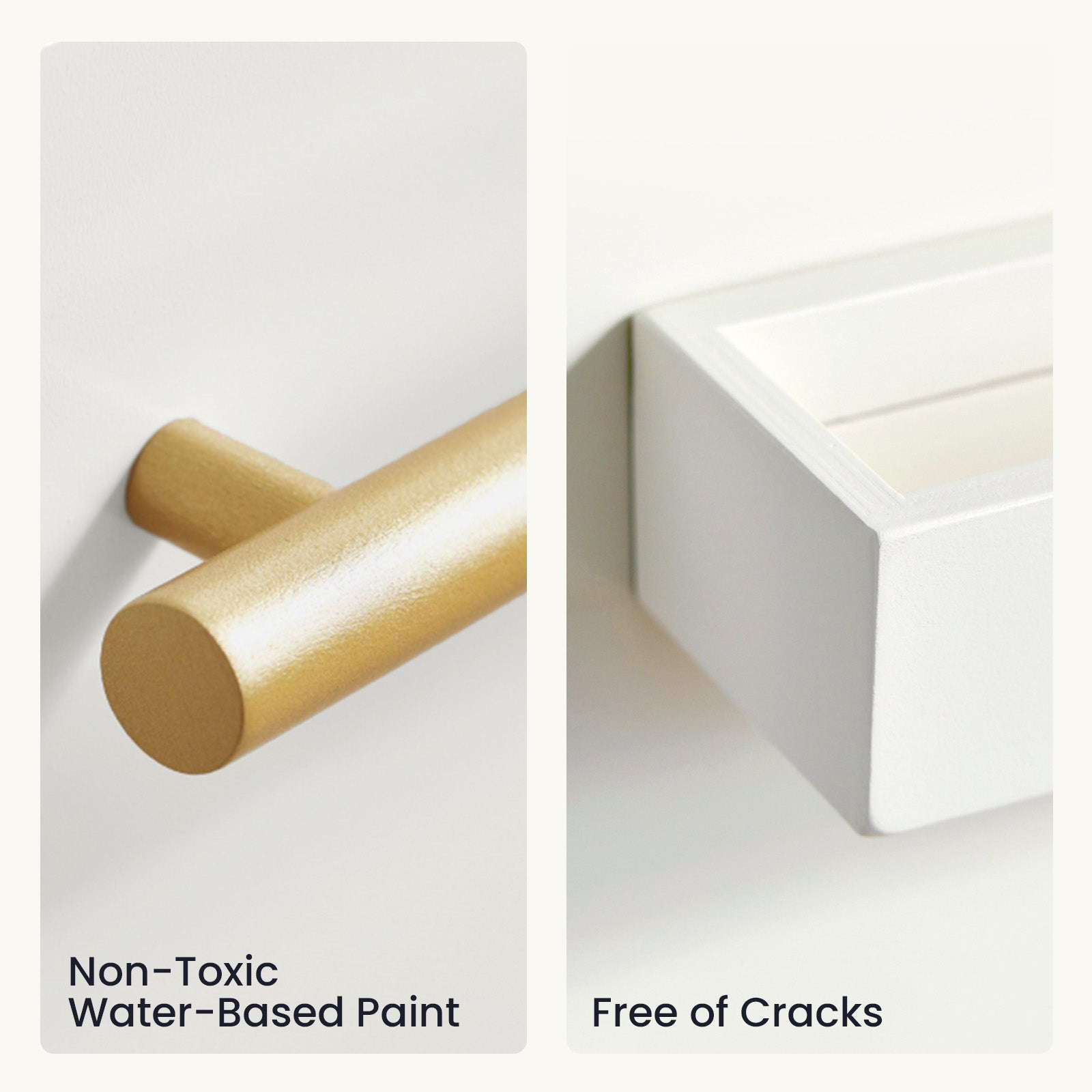 Close-up of a gold peg and a white block from the Tiny Land® Play Kitchen Accessories – Fridge. Text: “Non-Toxic Water-Based Paint” near the peg and “Free of Cracks” by the block. Both look smooth and clean. Brand: Tiny Land.