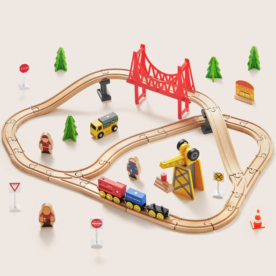 Tiny LandĀ® Wooden Track Trains by Target includes tracks, a red bridge, train cars, and accessories. This educational toy is compatible with major brands for creative play on a light background.|55 Pcs