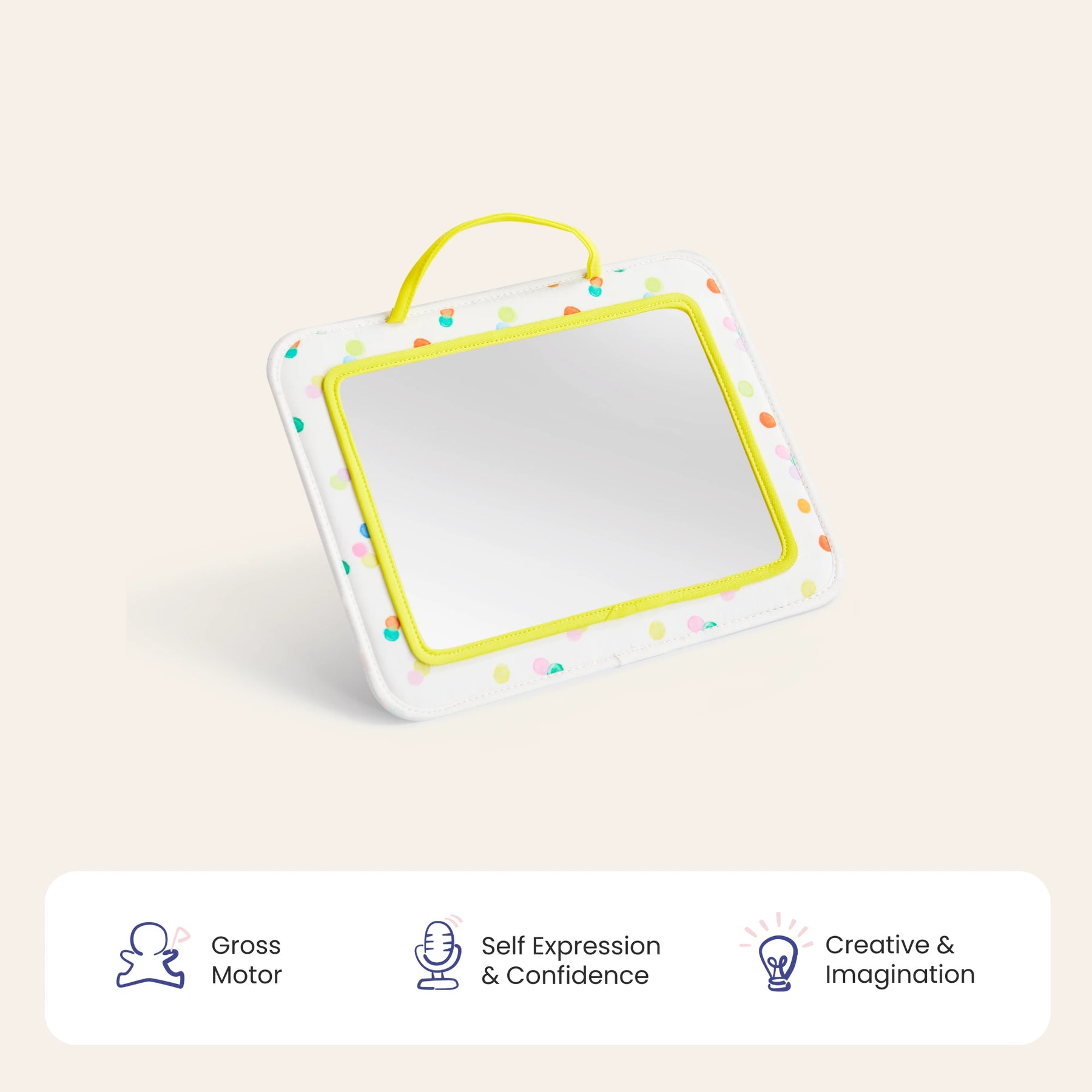 The Tiny Land® Montessori Toys for Newborns (0–3 Months) from Tiny Land Official Store features a rectangular toy mirror with a colorful polka-dot frame and yellow handle, supporting gross motor skills, self-expression, and creativity.