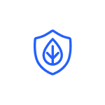 The Seel Worry-Free Purchase icon features a blue shield outline with a leaf at its center, symbolizing eco-friendly security and package protection on a light gray background.