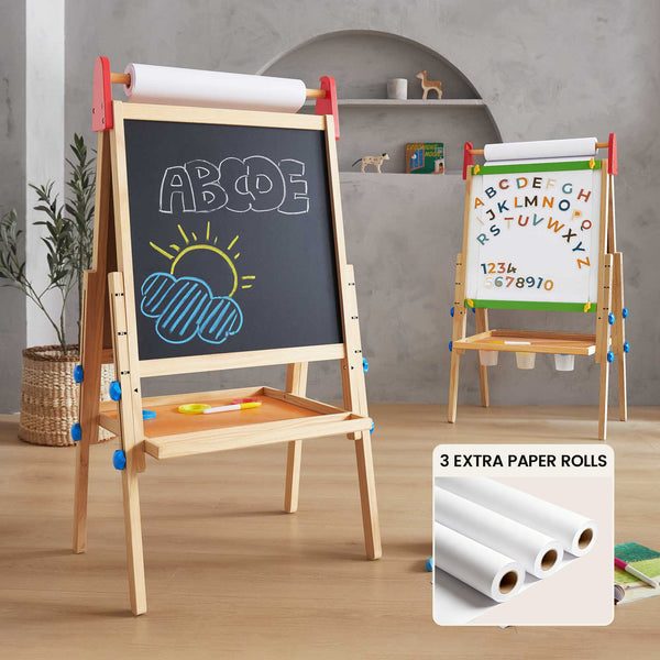 The Tiny Land® 3-in-1 Art Easel & Paper Roll Set by Tiny Land features a chalkboard with colorful drawings, a whiteboard for letters and numbers, and a paper roll holder—perfect for creative play in any bright playroom.