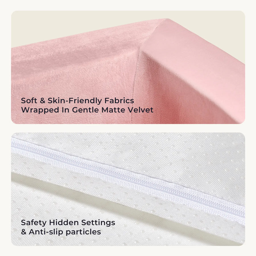 Two images: the top shows a corner of Tiny Land® PlayNest Ball Pit—perfect for toddler play—with soft matte velvet. The bottom highlights safe white fabric with zipper and anti-slip dots, ensuring secure fun with 200 Ocean Balls.|Pink