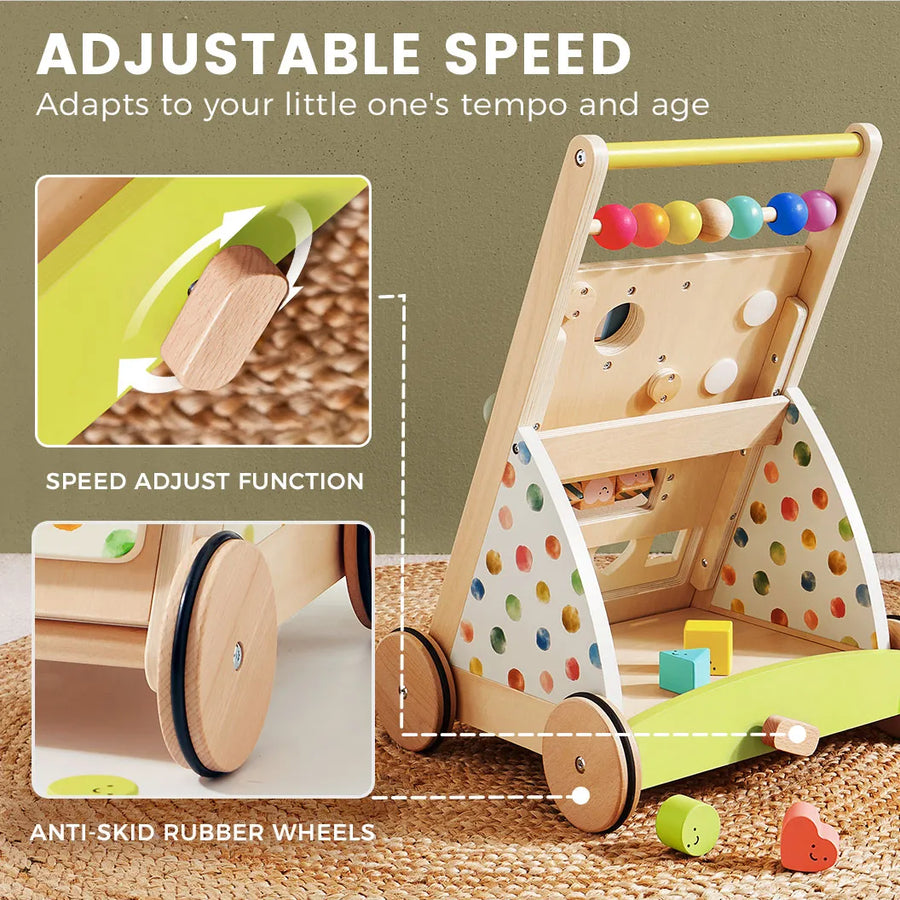 Tiny Land® Premium Natural Wooden Activity Walker by Tiny Land is an eco-friendly baby walker designed for both fun and safety as little ones take their first steps. Featuring colorful balls and blocks, anti-skid rubber wheels, and a convenient knob to adjust speed, this developmental toy sits on a woven rug. Insets highlight the speed adjustment feature and durable wheels, with the text “Adjustable Speed” displayed.
