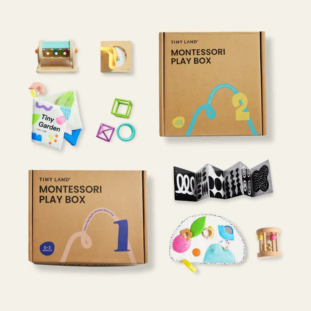 The Tiny Land® Montessori Sensory Beginnings Baby Set (0–6 months) features Montessori baby toys, sensory items, soft cloths, and visual cards—perfect for sensory development or as a thoughtful newborn gift.