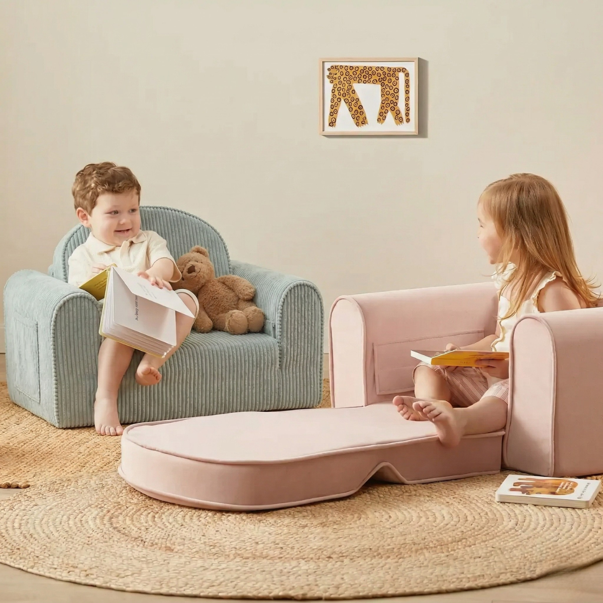 Two young children relax in a cozy playroom on Tiny Land® GentleSnug Kid Chairs in blue. The girl’s chair unfolds into a chaise lounge, ideal for reading. A teddy bear and framed animal print complete the charming furniture setup by Tiny Land.