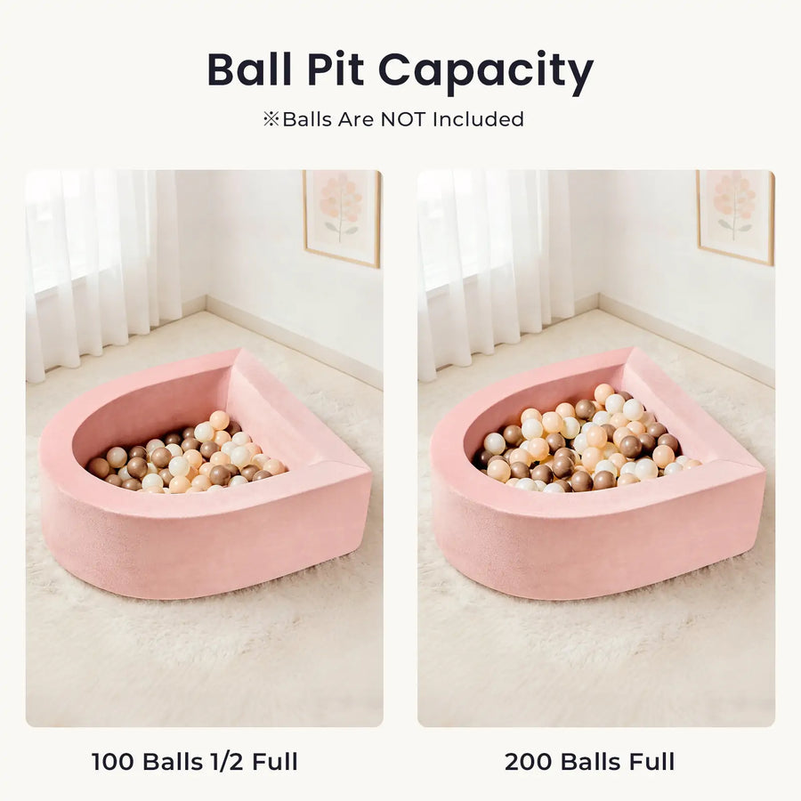 Side-by-side images of the Tiny Land® PlayNest Ball Pit; left shows it half full with 100 balls, right fully packed with 200 included ocean balls. “Ball Pit Capacity – Perfect addition to any toddler play space.” From Tiny Land.|Pink