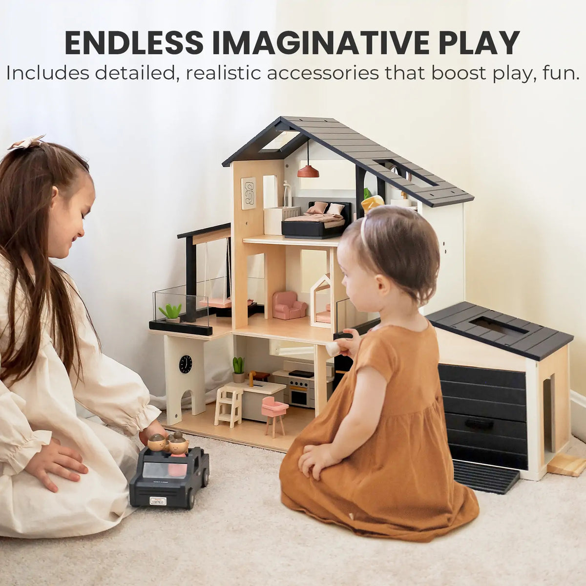 Two kids in brown and cream enjoy imaginative fun with the Tiny Land Sweet Family Gift Set in a bright room. “ENDLESS IMAGINATIVE PLAY” is written above, highlighting included accessories.