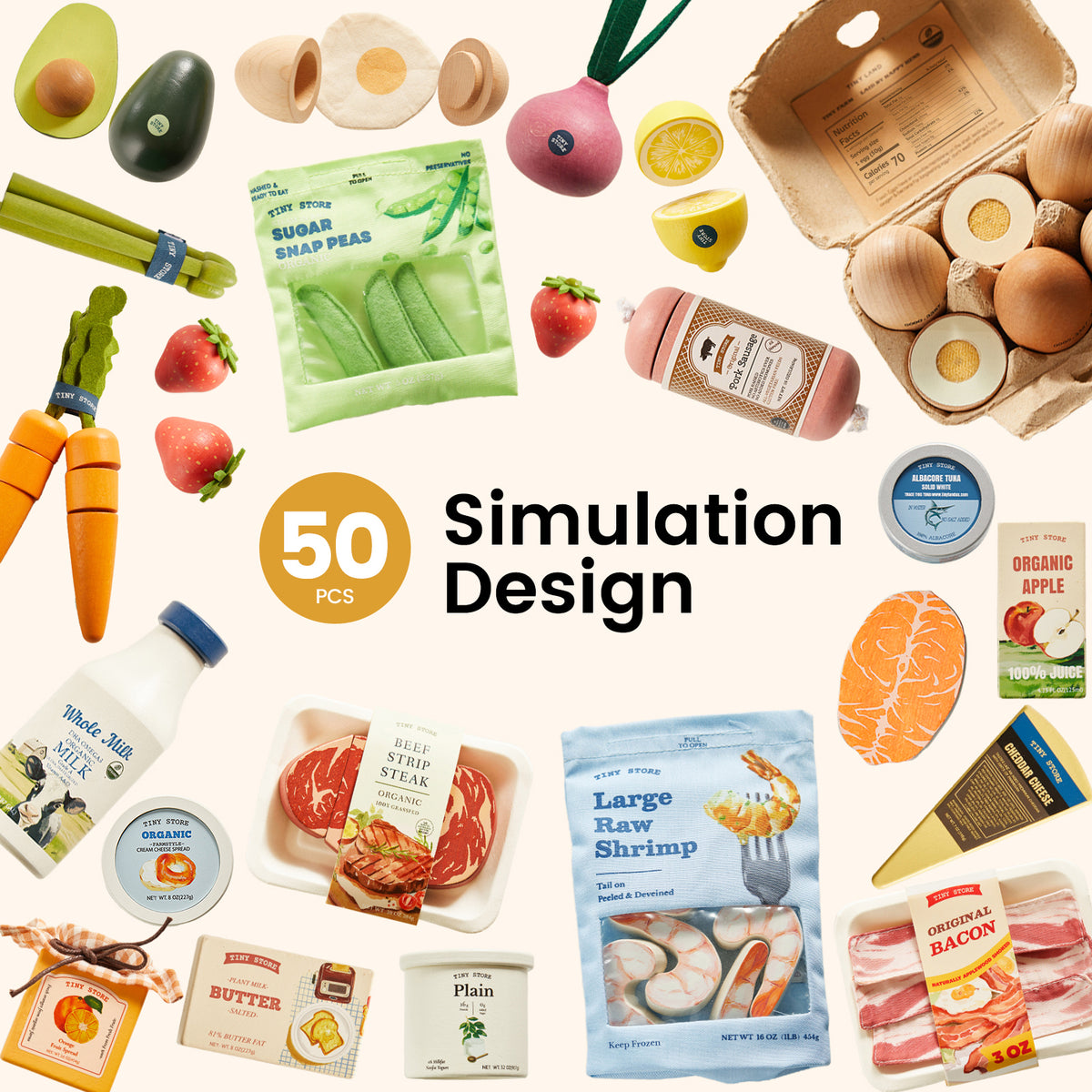 The Tiny Land® Organic Play Food Collection by Tiny Land Play Food features an assortment of pretend kitchen toys, including organic play vegetables, meats, dairy products, and packaged goods. Arranged in a circular display with “50 PCS Simulation Design” at the center on a light background, this set is perfect for encouraging healthy eating habits through imaginative play.