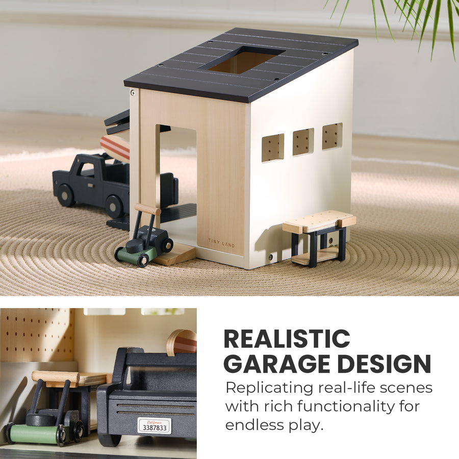 The Tiny Land® Wooden Dollhouse - Garage features vehicles and accessories on a rug, with a realistic, minimalist design that replicates real-life scenes for endless play. Brand: Tiny Land.