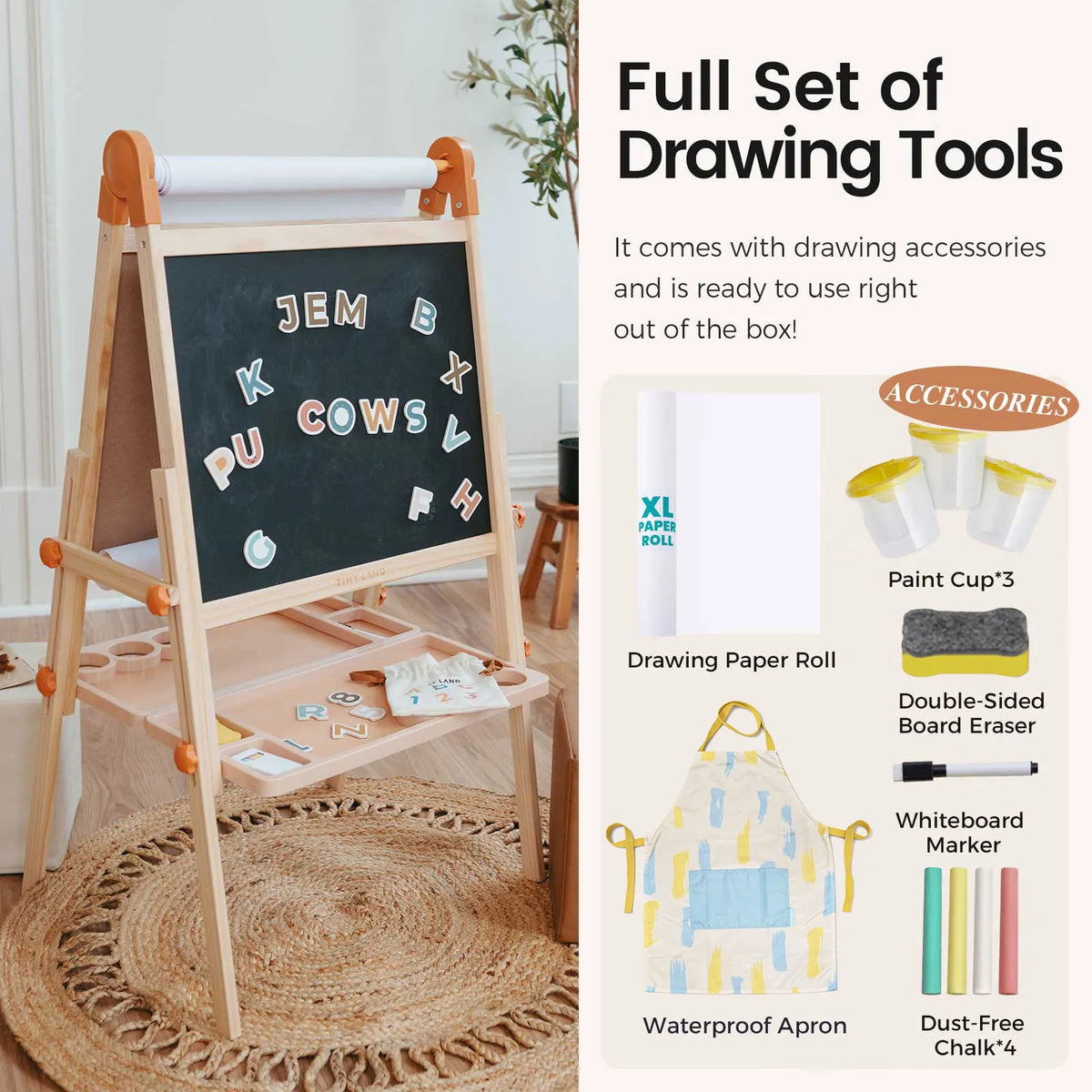 Introducing the Tiny Land® Caramel Magnitales Easel for Kids by Tiny Land—a wooden art easel complete with magnetic letters, a paper roll, chalk, and creative art supplies. The full set includes paint cups, eraser, apron, marker, and chalk—everything your child needs for artistic play. This adjustable easel is perfect for encouraging creativity in children’s playtime. Full Set of Drawing Tools.