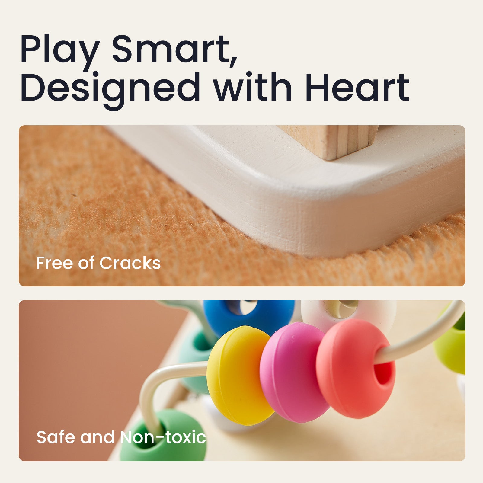 Close-up of the Tiny Land® Cottage Activity Cube - Rainbow, featuring smooth wooden edges and colorful beads on a wire track. Text: "Play Smart, Designed with Heart," "Crack-Free," and "Safe & Non-toxic" by Tiny Land.