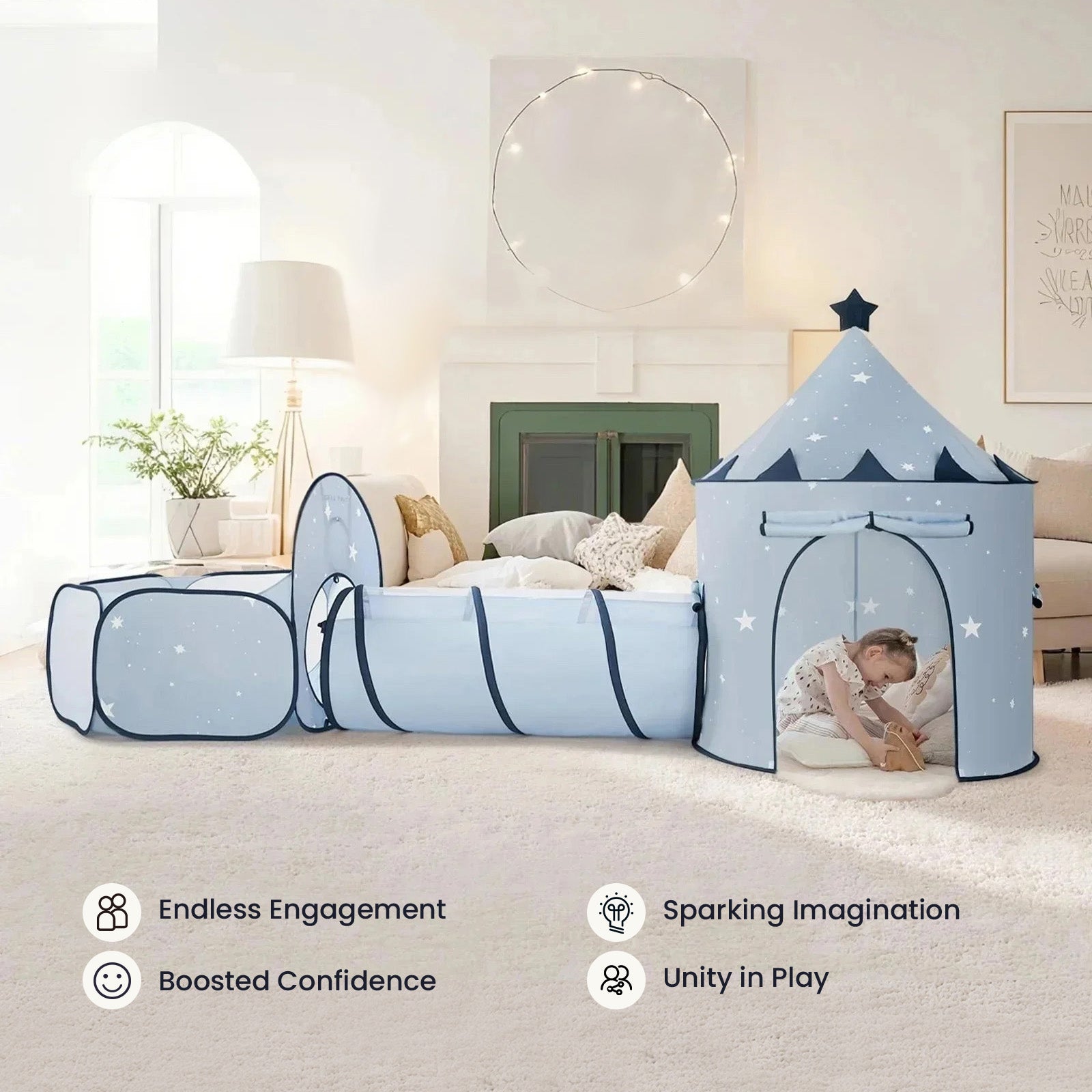 A child enjoys the Tiny Land® Compact Adventure 3-in-1 Play Tunnel – Blue, featuring a castle tent, tunnel, and cube on a cozy carpet. Endless engagement, boosted confidence, sparking imagination, and unity in play by Tiny Land.