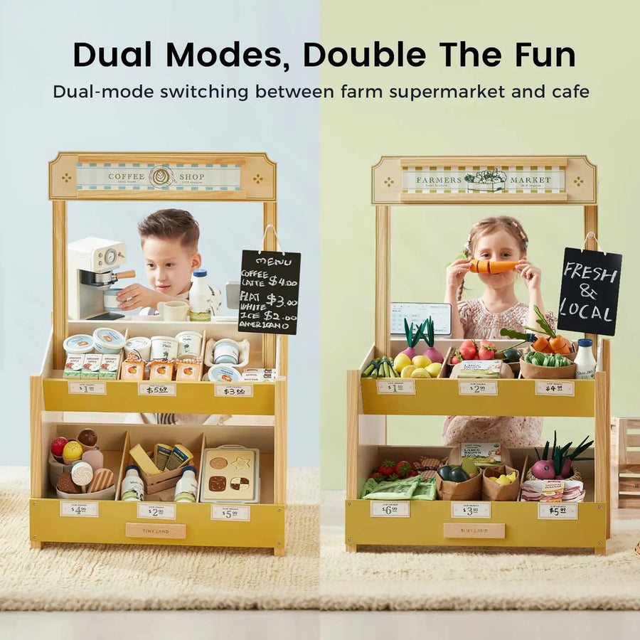 Two children play with the Tiny Land® Farm-to-Table Gift Set by Tiny Land—a light & sound kitchen and market stall featuring play food, a toy coffee machine, price tags, and a small display counter for imaginative fun.
