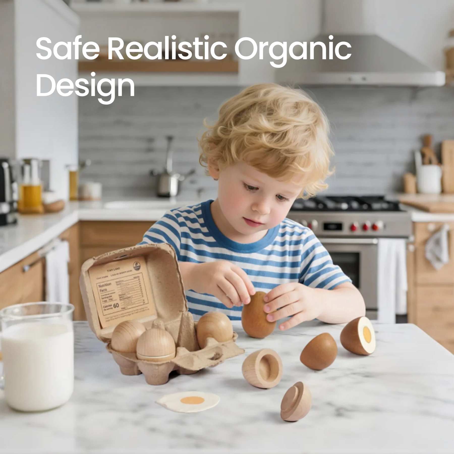 A young child with blond hair plays with the Tiny Land® Egg Combo Playset by Tiny Land INC at a kitchen counter. A glass of milk is nearby. Text on the image reads “Safe Realistic Organic Design.”.