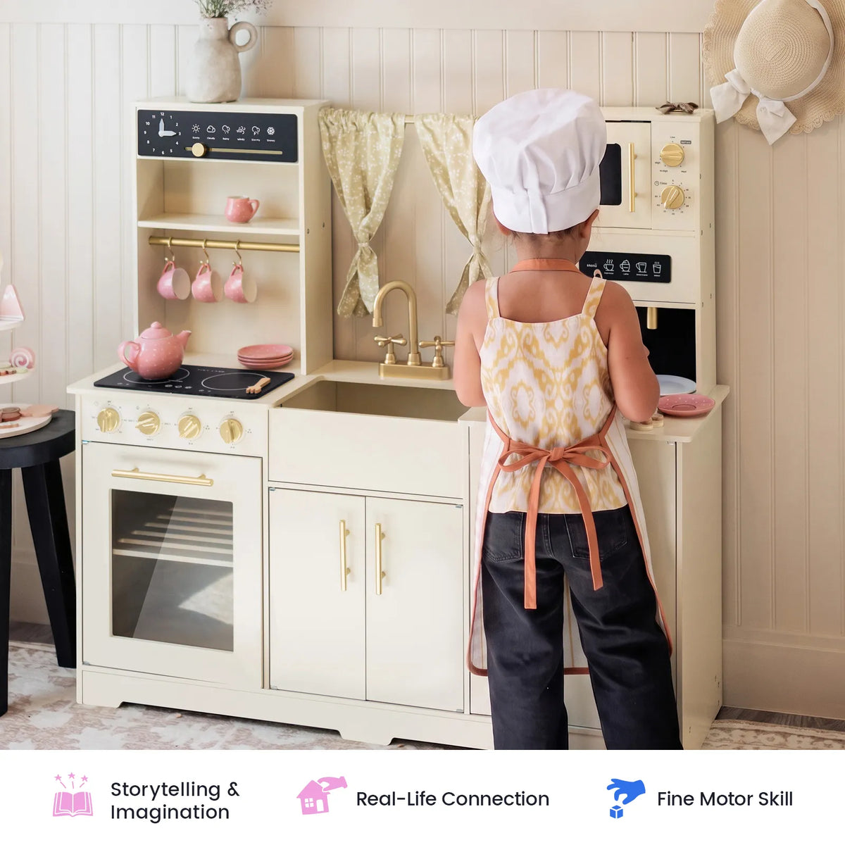 Tiny Land® Iconic Wooden Play Kitchen – Cream Pretend Cooking Set for Kids