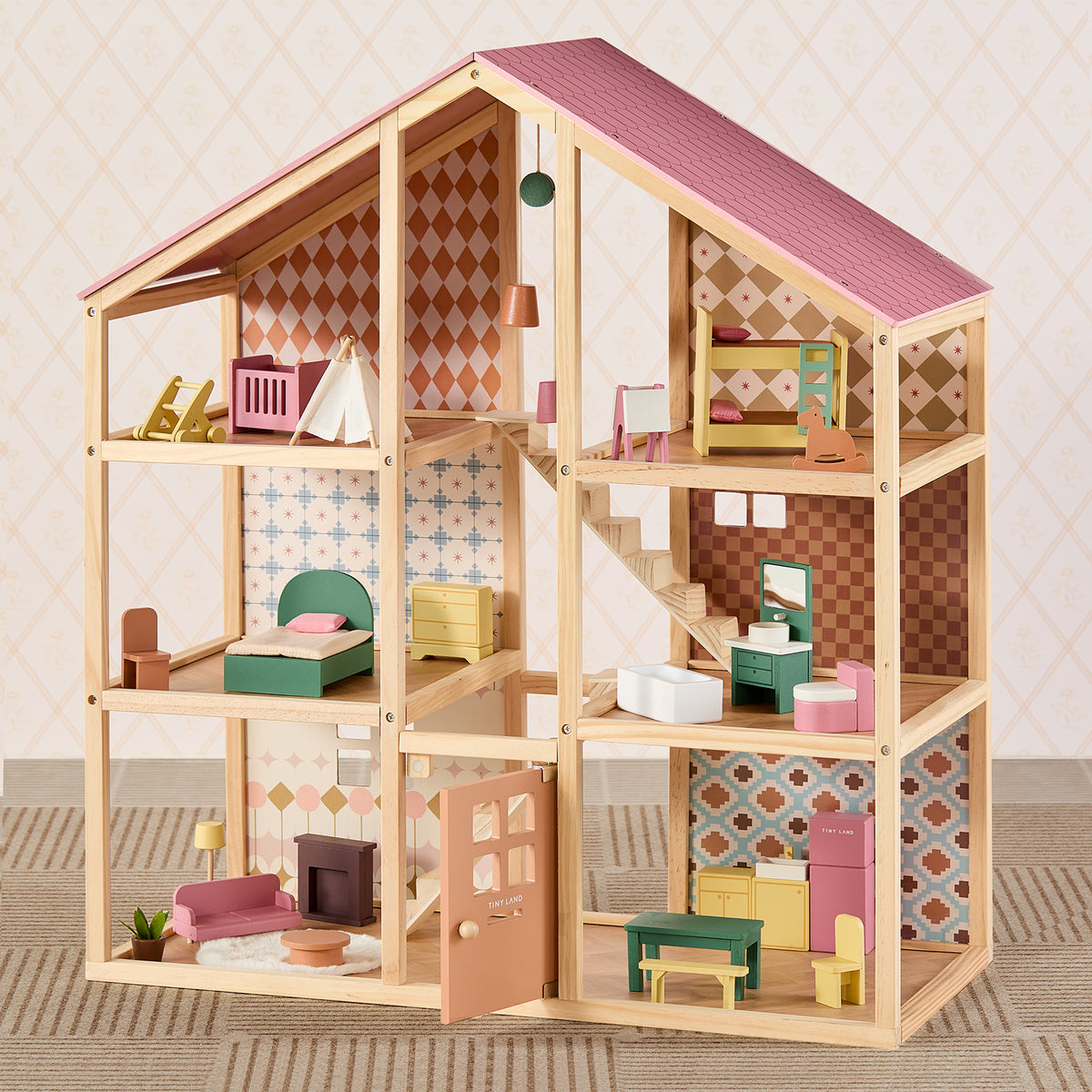 The Tiny Land® Sweetwood Dollhouse without Dolls features six rooms, pastel accents, and patterned wallpaper. Includes furniture sets like beds, chairs, and kitchen appliances—ideal for imaginative play. Brand: Tiny Land.|Pegasus