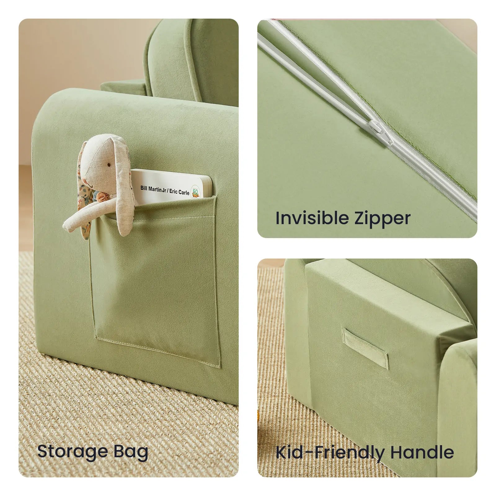 Collage of the Tiny Land® GentleSnug Kid Chair - Sage by Tiny Land, featuring a storage bag with a stuffed bunny and books, a close-up of the invisible zipper, and a view of the kid-friendly handle on the back.
