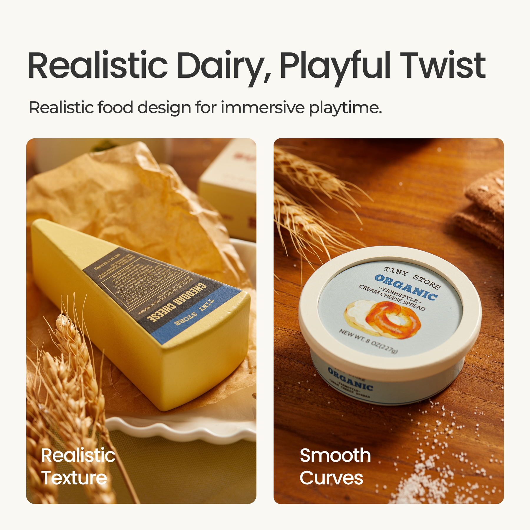 A wedge of realistic cheese and a round container labeled Tiny Land® Organic Dairy Pack by Tiny Land INC sit on a wooden surface, showcasing detailed textures—perfect pretend food toys for imaginative play collections.