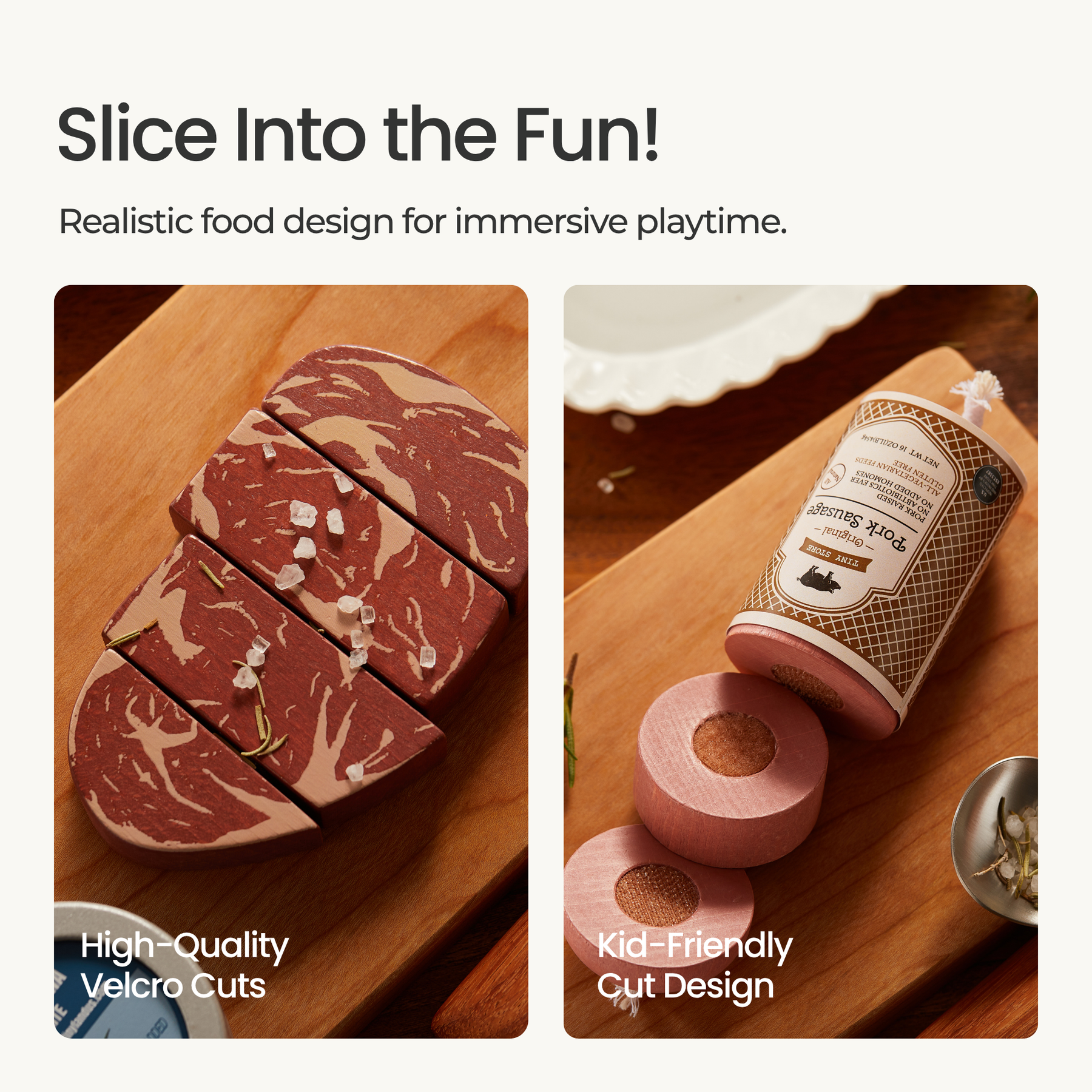 A promotional image features Tiny Land® Organic Meat & Seafood Pack by Tiny Land INC: one sliced with Velcro strips, the other as pink rounds. Text highlights the play set's high-quality Velcro cuts and kid-friendly design.