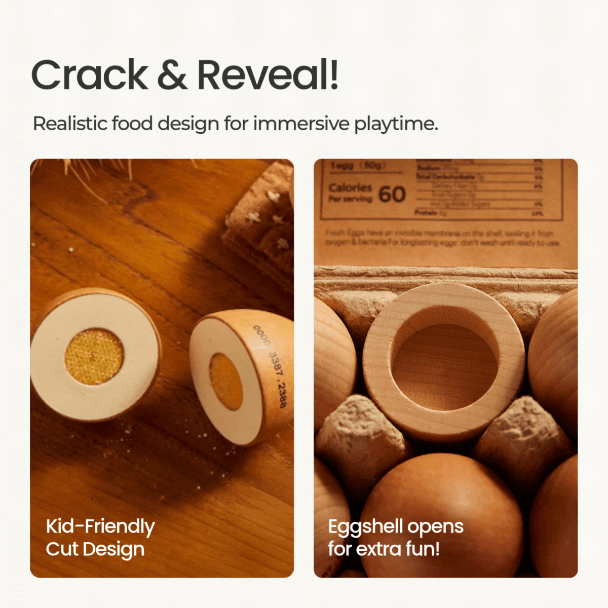 The Tiny Land® Egg Combo Playset by Tiny Land INC features a wooden egg cut in half to reveal a yellow center and a full egg in carton. Its kid-friendly design lets the eggshell open, adding interactive fun to your play kitchen set.