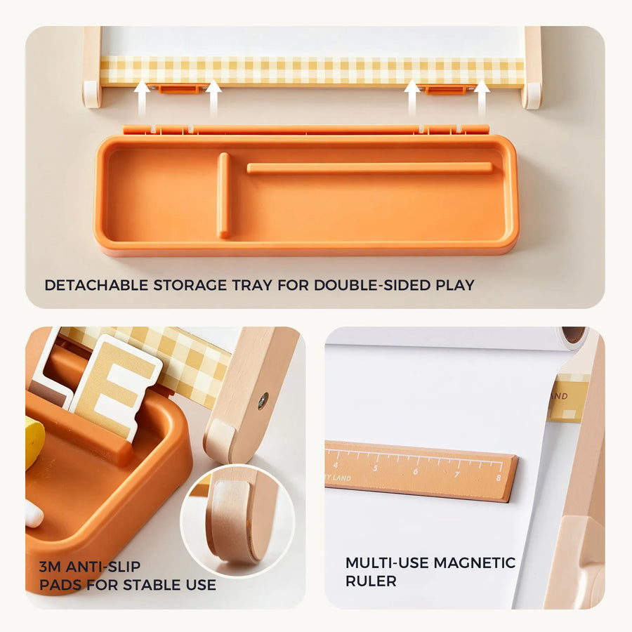 Collage featuring the orange detachable storage tray, a close-up of anti-slip pads, and the magnetic rulerāeach thoughtfully designed for the Tiny LandĀ® Double-Sided Magnetic Tabletop Easel by Tiny Land, ideal for setting up an art station or using its versatile magnetic whiteboard.|Oatmeal