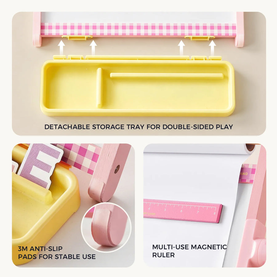 Three images showcase the Tiny LandĀ® Double-Sided Magnetic Tabletop Easel: a detachable yellow storage tray designed for organizing supplies, anti-slip pads on the bottom of the art station for added stability, and a pink magnetic ruler attached to the double-sided grid-patterned boardāideal for use as a magnetic whiteboard.|Pink