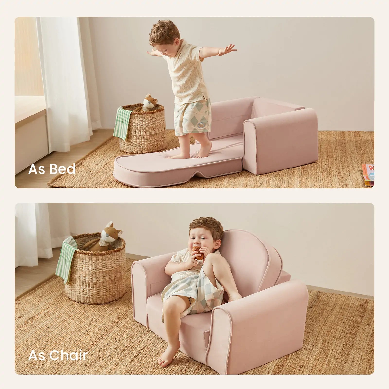 A young child enjoys the Tiny Land® GentleSnug Kid Chair - Pink, shown as a flat bed and folded into a chair. This 2-in-1 piece from Tiny Land adds versatile seating to any playroom, with a wicker basket nearby in both scenes.