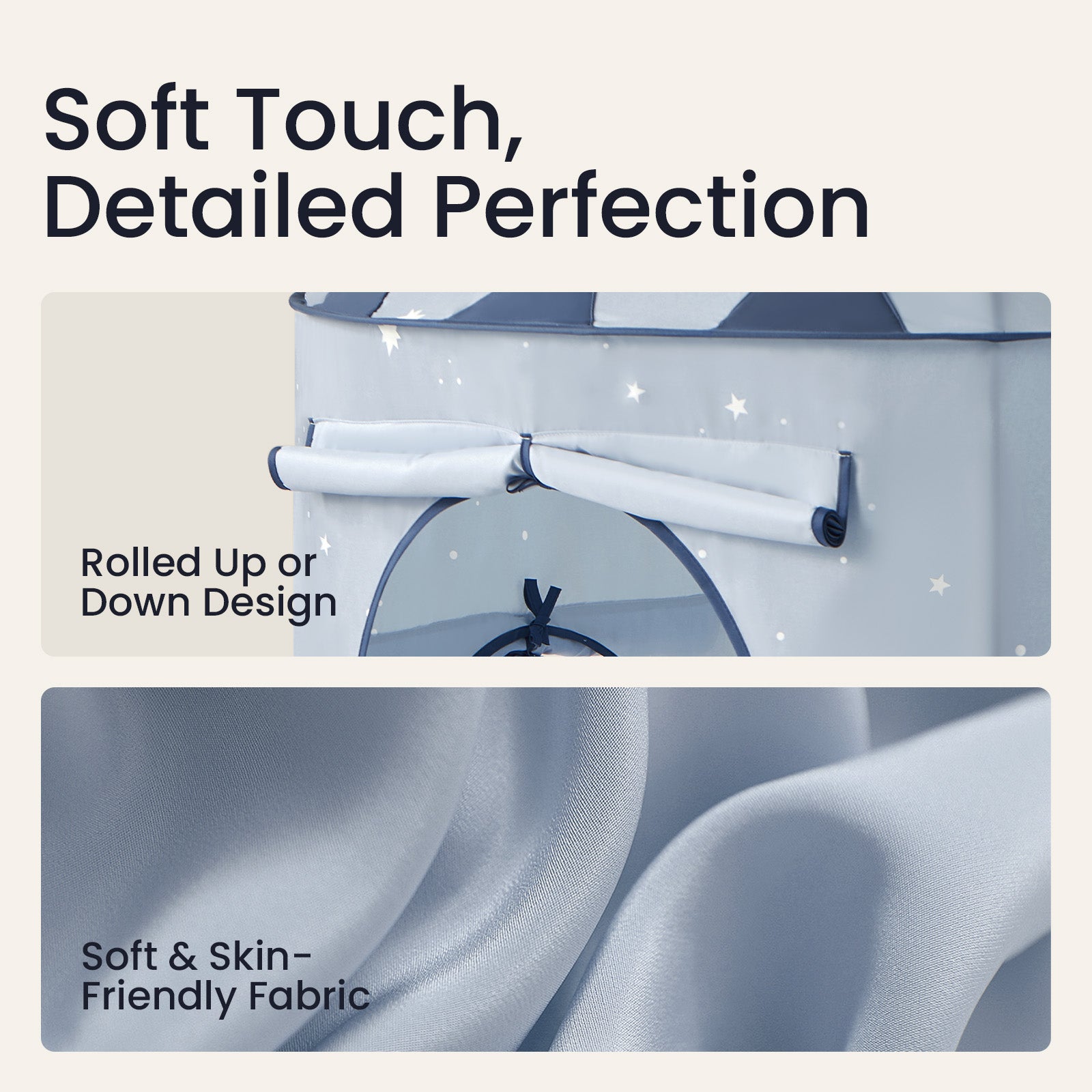 A promotional image shows the Tiny Land® Compact Adventure 3-in-1 Play Tunnel in blue with a rolled-up door and soft draped fabric. Text reads: “Soft Touch, Detailed Perfection,” “Rolled Up or Down Design,” and “Soft & Skin-Friendly Fabric.”.