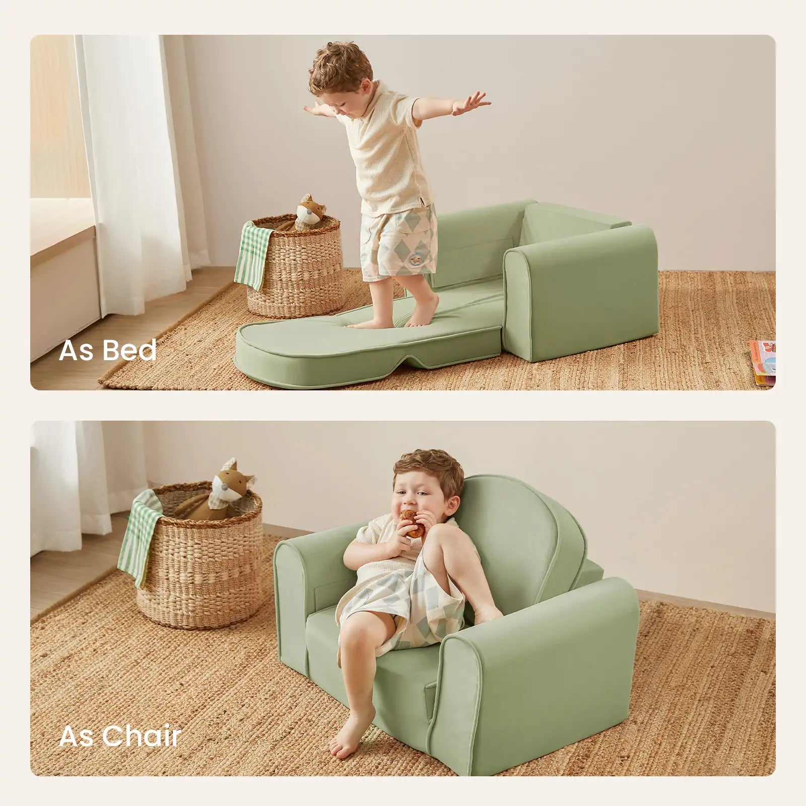 Two photos show a child with the Tiny Land® GentleSnug Kid Chair - Sage. Top: unfolded as a bed, the child stands on it. Bottom: folded as a chair, the child sits comfortably enjoying a snack. Brand: Tiny Land.