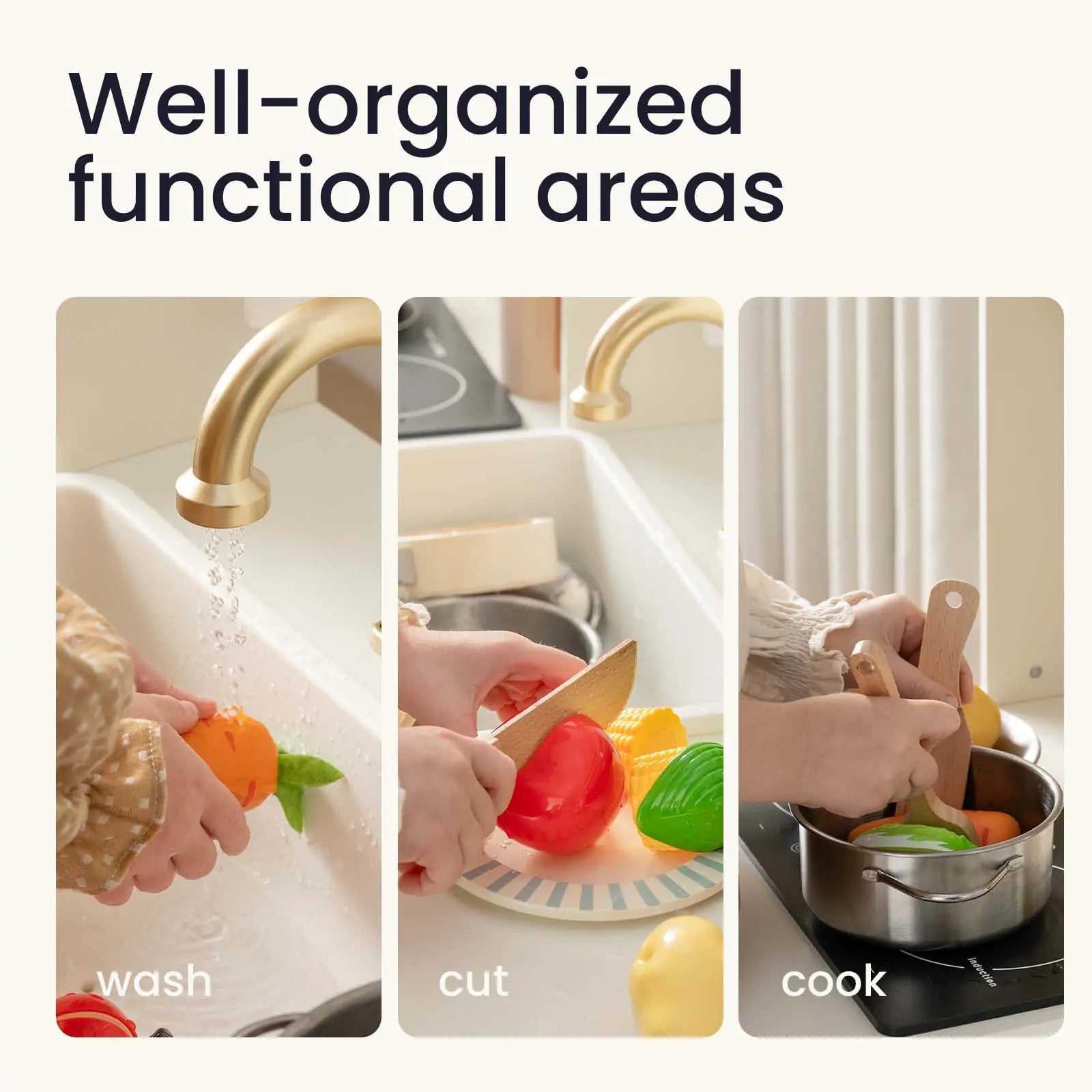 Three panels show hands washing toy vegetables in the Tiny Land® Play Kitchen with Running Water, cutting them on a plate, and cooking them in a pot on the stove. Text reads: Well-organized functional areas—wash, cut, cook.