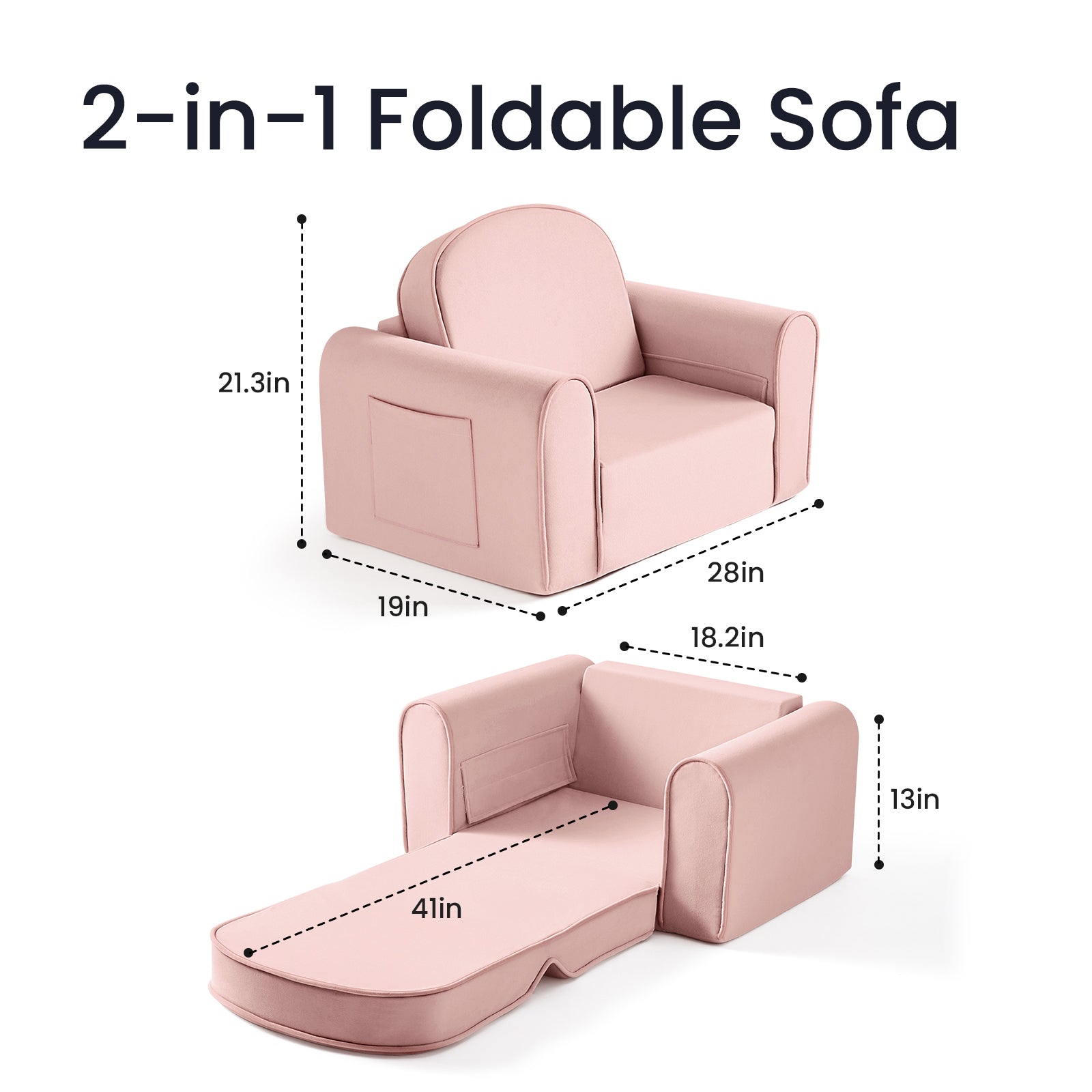 The Tiny Land® GentleSnug Kid Chair in pink is a 2-in-1 foldable sofa for kids, ideal for playrooms. Use it as a chair (28" x 21.3" x 19") or unfold to lounge (41" long, 13" high). Dimensions are clearly labeled for easy use.