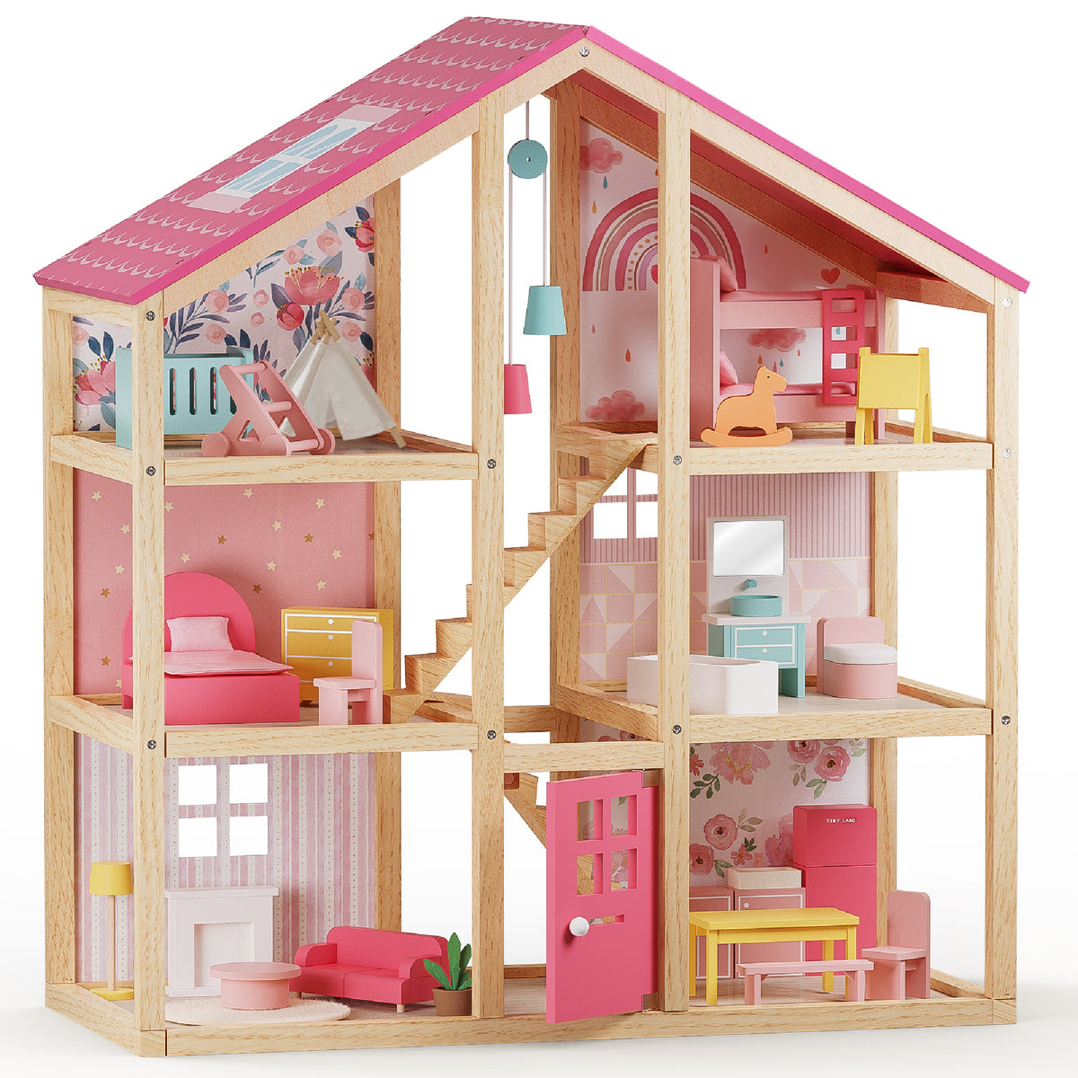 The Tiny Land Sweet Dreams Playset features a pink dollhouse and playhouse with six rooms, pink roof, wooden furniture (beds, chairs, tables, shelves), and vibrant walls decorated with rainbows, flowers, and geometric patterns.|pink