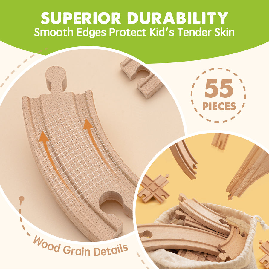 Tiny LandĀ® Wooden Track Trains 55 Pcs by Tiny Land features smooth-edged wooden pieces with visible grain, a cloth storage bag, and offers superior durability. Enjoy interactive play and imaginative fun with this complete 55-piece set.|55 Pcs