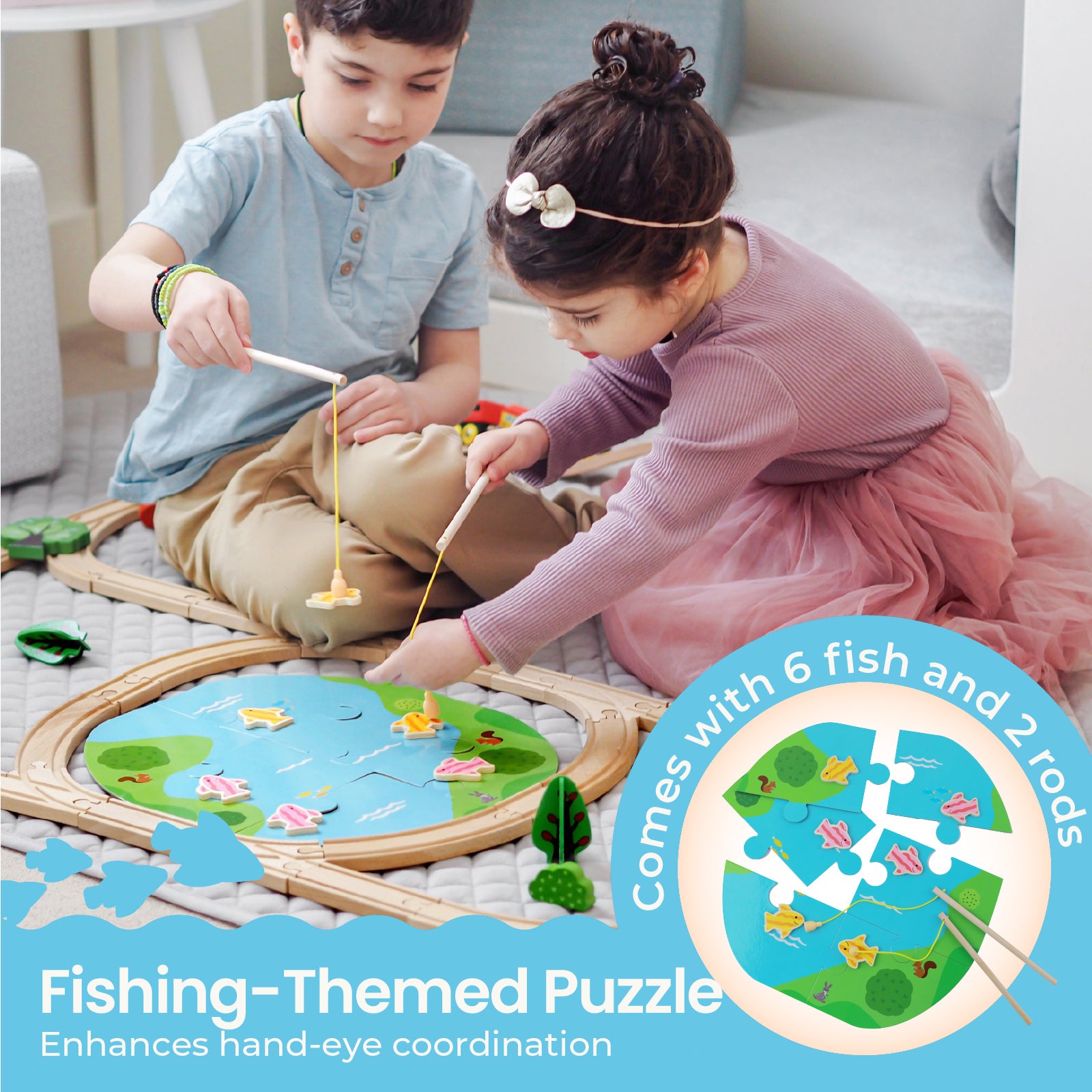 Two young children play on the floor with the Tiny Land® 110-Piece Wooden Train Set, building tracks and exploring engines. Text highlights that it includes 110 pieces with a folding storage box and encourages imaginative play and fine motor skills.