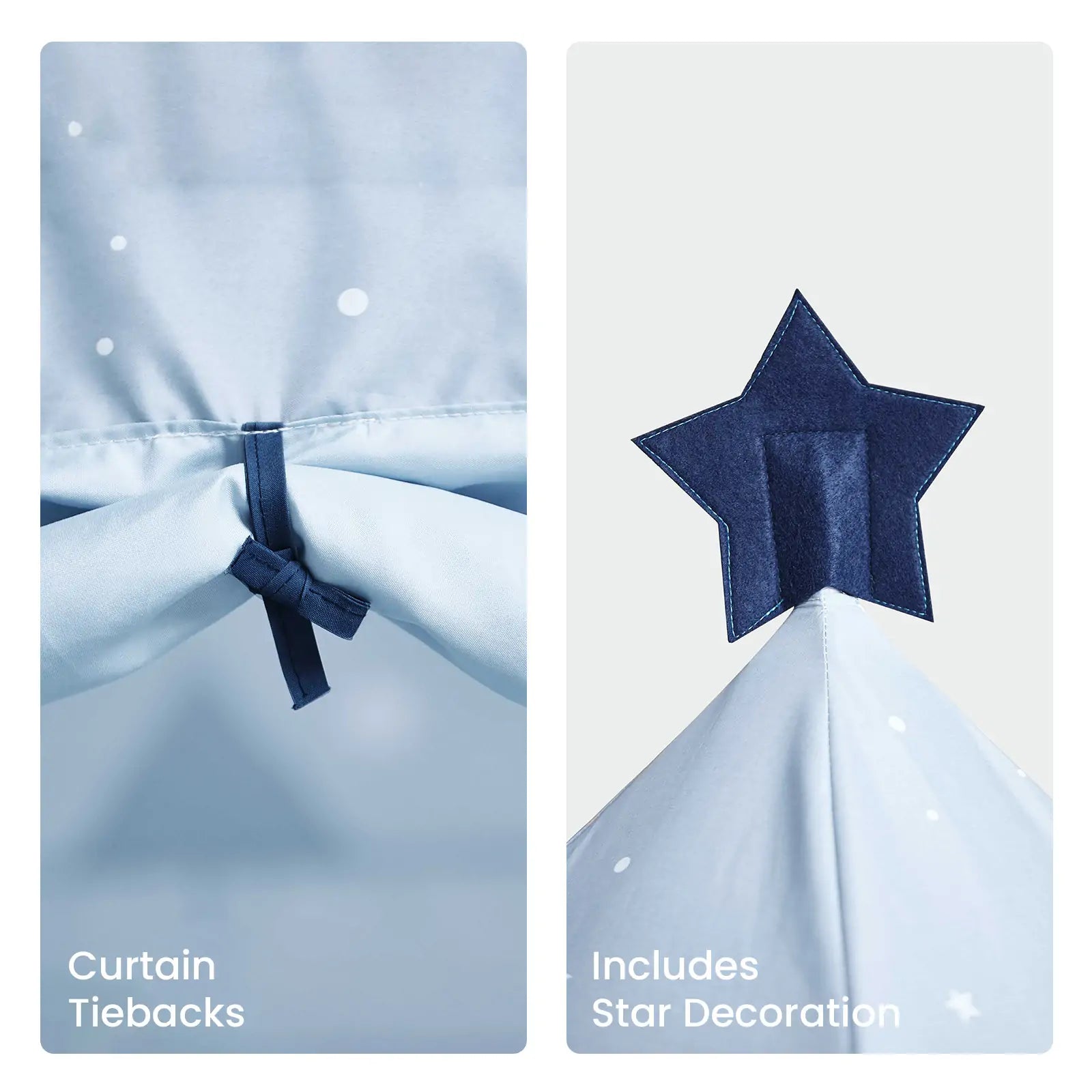 Close-up of Tiny Land® Kids Tent – Starry Blue shows light blue fabric with white dots; curtain tied with a navy tieback on the left, navy star decoration on the right. Includes curtain tiebacks and a star decoration—ideal for playhouses or tents.
