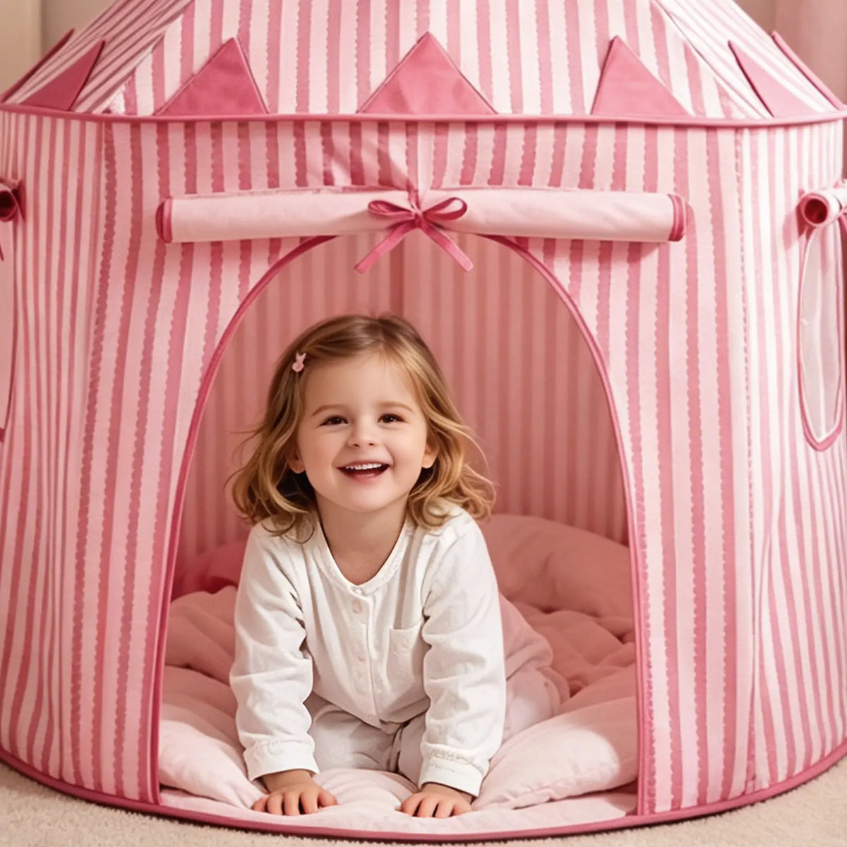 A young child with blonde hair and a white outfit smiles while sitting inside the Tiny Land® Tiny Sweet Stripe Castle Tent, enjoying a cozy indoor playhouse filled with soft cushions.