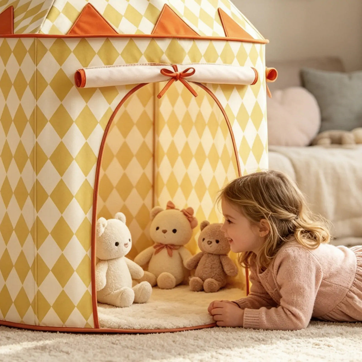 A young child in a pink sweater smiles at three stuffed bears inside the Tiny Land® Tiny Sunshine Castle Tent, featuring a yellow-and-white diamond pattern, orange trim, and a rolled-up door flap on a soft carpet.